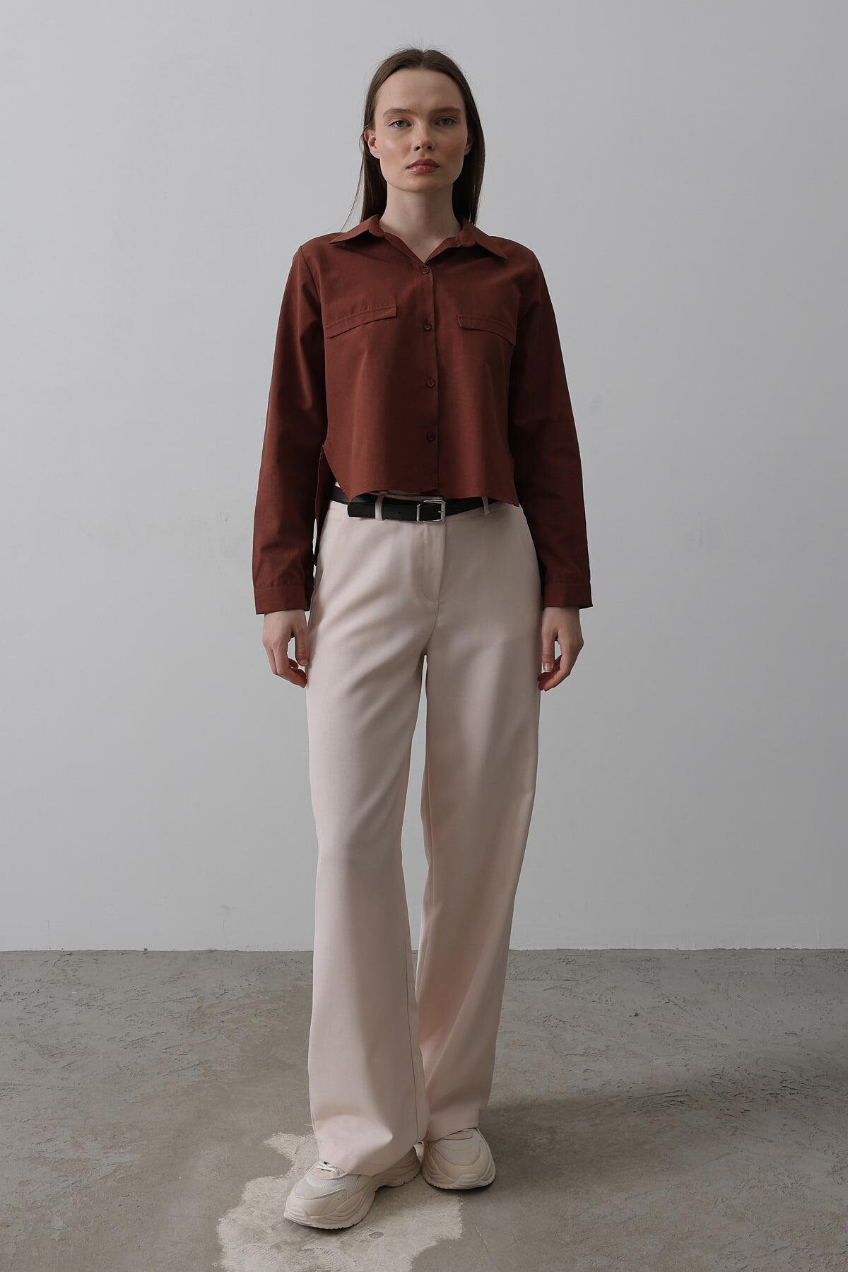 Pudra Çift Cepli Kemerli Palazzo Pantolon