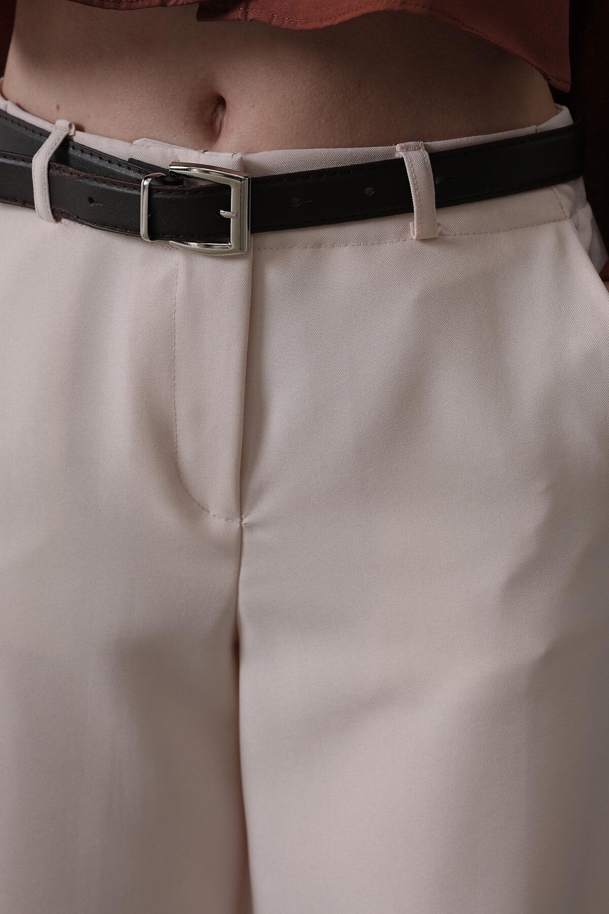 Pudra Çift Cepli Kemerli Palazzo Pantolon