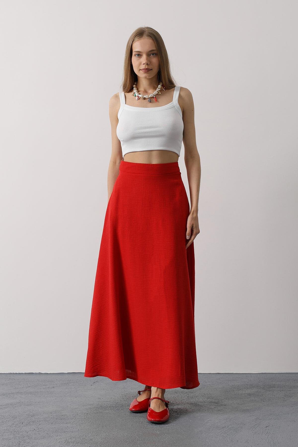 Kırmızı Fermuar Kapamalı Midi Boy Keten Etek
