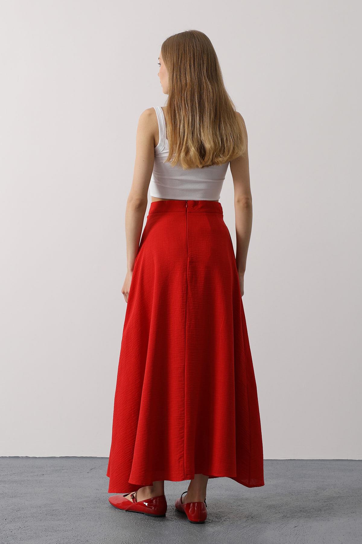 Kırmızı Fermuar Kapamalı Midi Boy Keten Etek