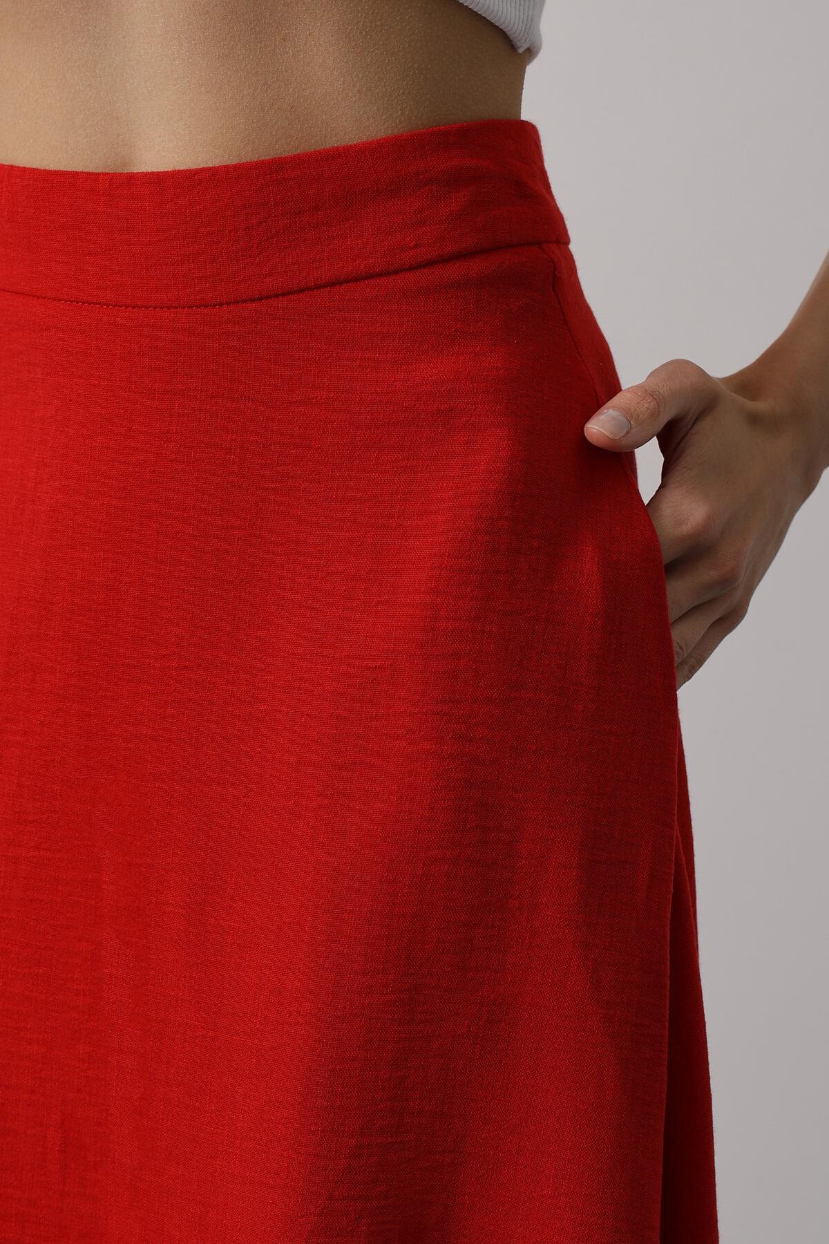 Kırmızı Fermuar Kapamalı Midi Boy Keten Etek