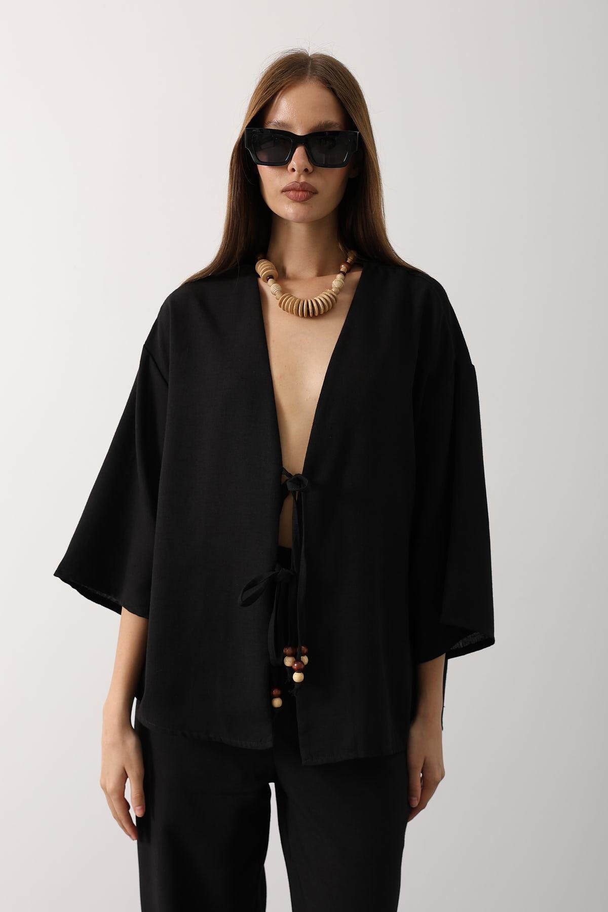 Siyah Bağlama Detaylı Bluz Ve Beli Lastikli Pantolon Keten Takım