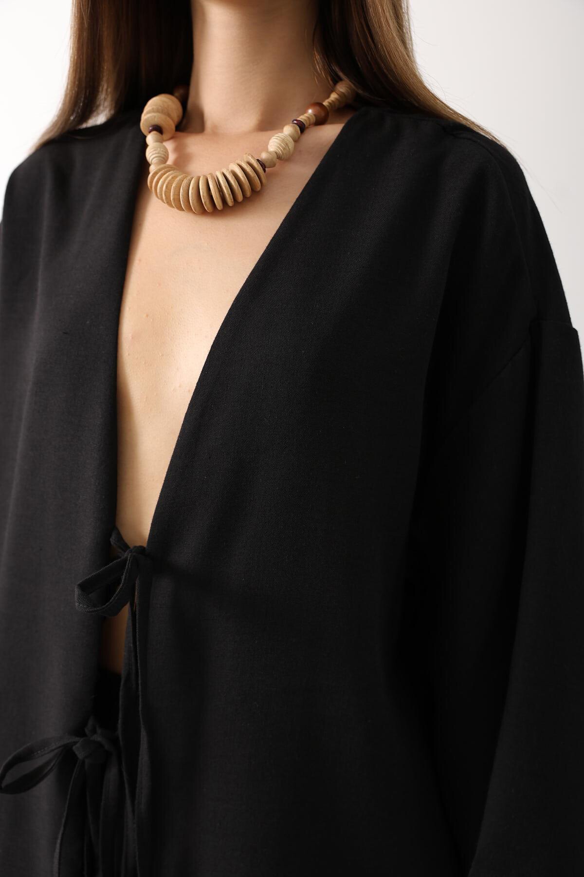 Siyah Bağlama Detaylı Bluz Ve Beli Lastikli Pantolon Keten Takım