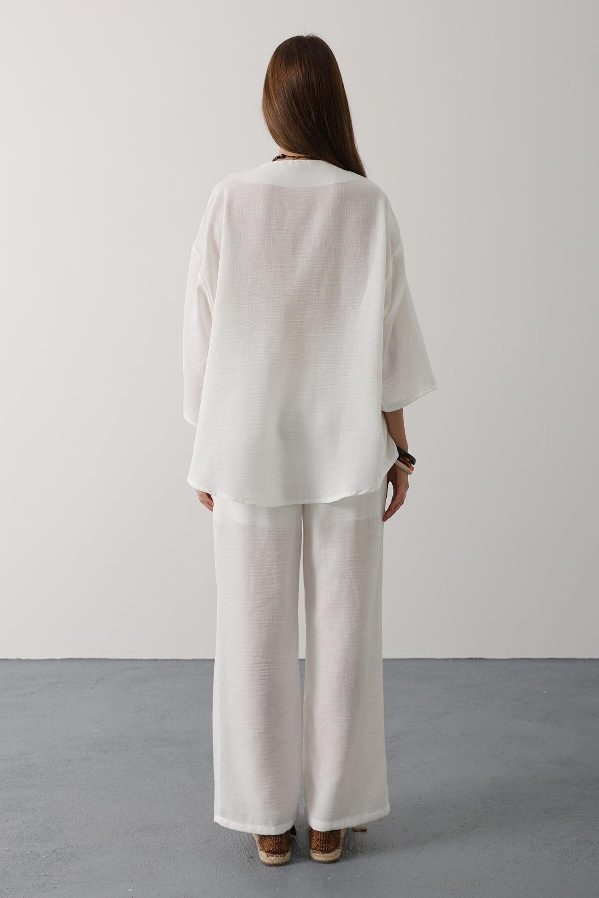Beyaz Bağlama Detaylı Bluz Ve Beli Lastikli Pantolon Keten Takım