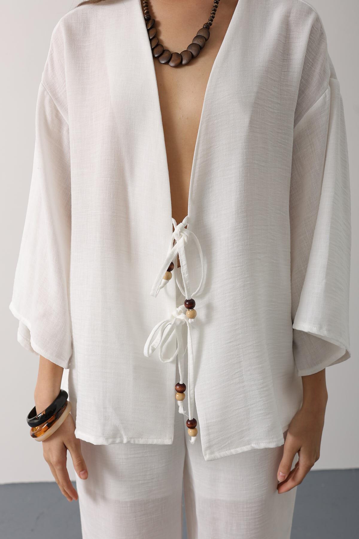 Beyaz Bağlama Detaylı Bluz Ve Beli Lastikli Pantolon Keten Takım