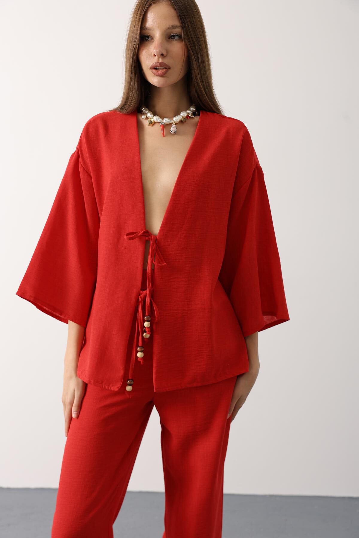 Kırmızı Bağlama Detaylı Bluz Ve Beli Lastikli Pantolon Keten Takım