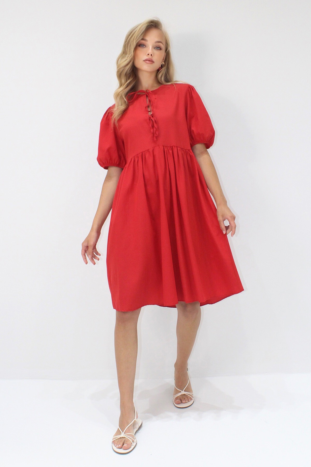 Kırmızı Bisiklet Yaka Bağlama Detaylı Karpuz Kol Bidi Boy Poplin Elbise