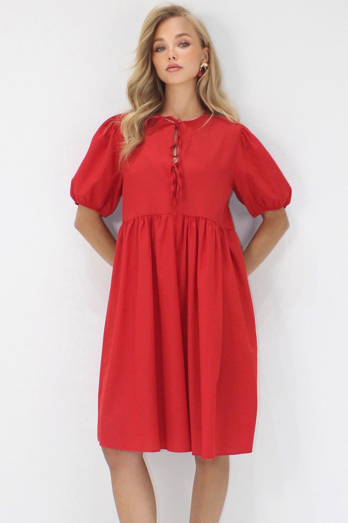 Kırmızı Bisiklet Yaka Bağlama Detaylı Karpuz Kol Bidi Boy Poplin Elbise