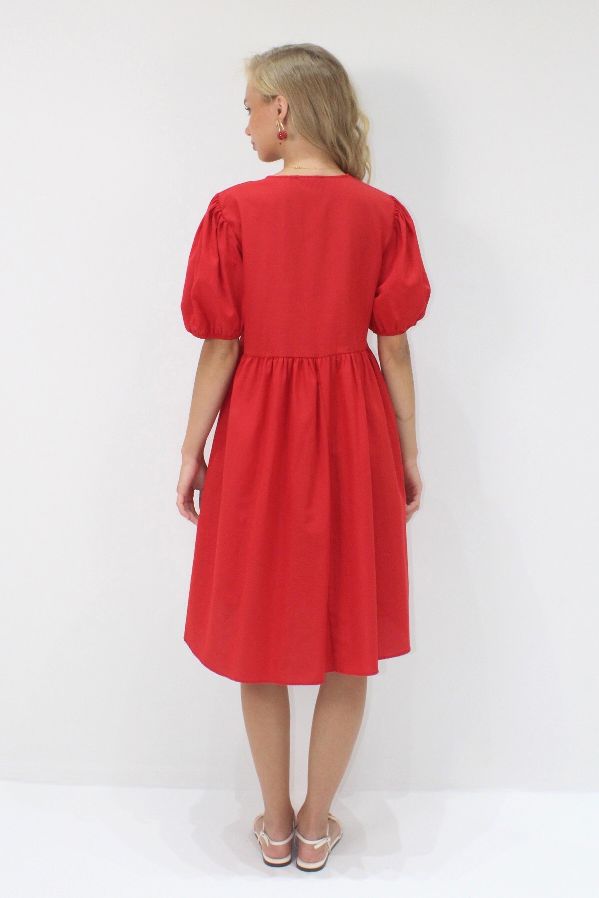 Kırmızı Bisiklet Yaka Bağlama Detaylı Karpuz Kol Bidi Boy Poplin Elbise