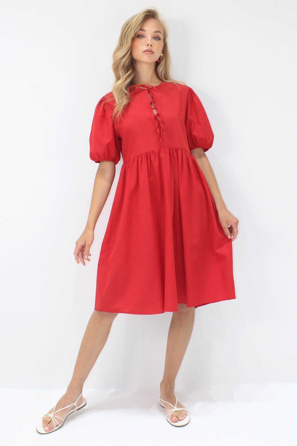 Kırmızı Bisiklet Yaka Bağlama Detaylı Karpuz Kol Bidi Boy Poplin Elbise