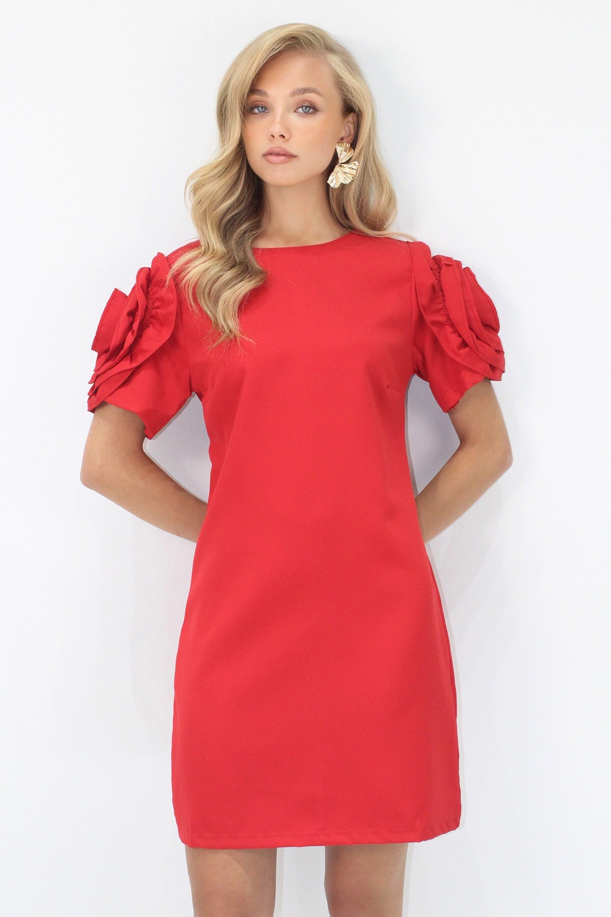 Kırmızı Bisiklet Yaka Kolları Fırfır Detaylı Gizli Fermuarlı Mini Elbise