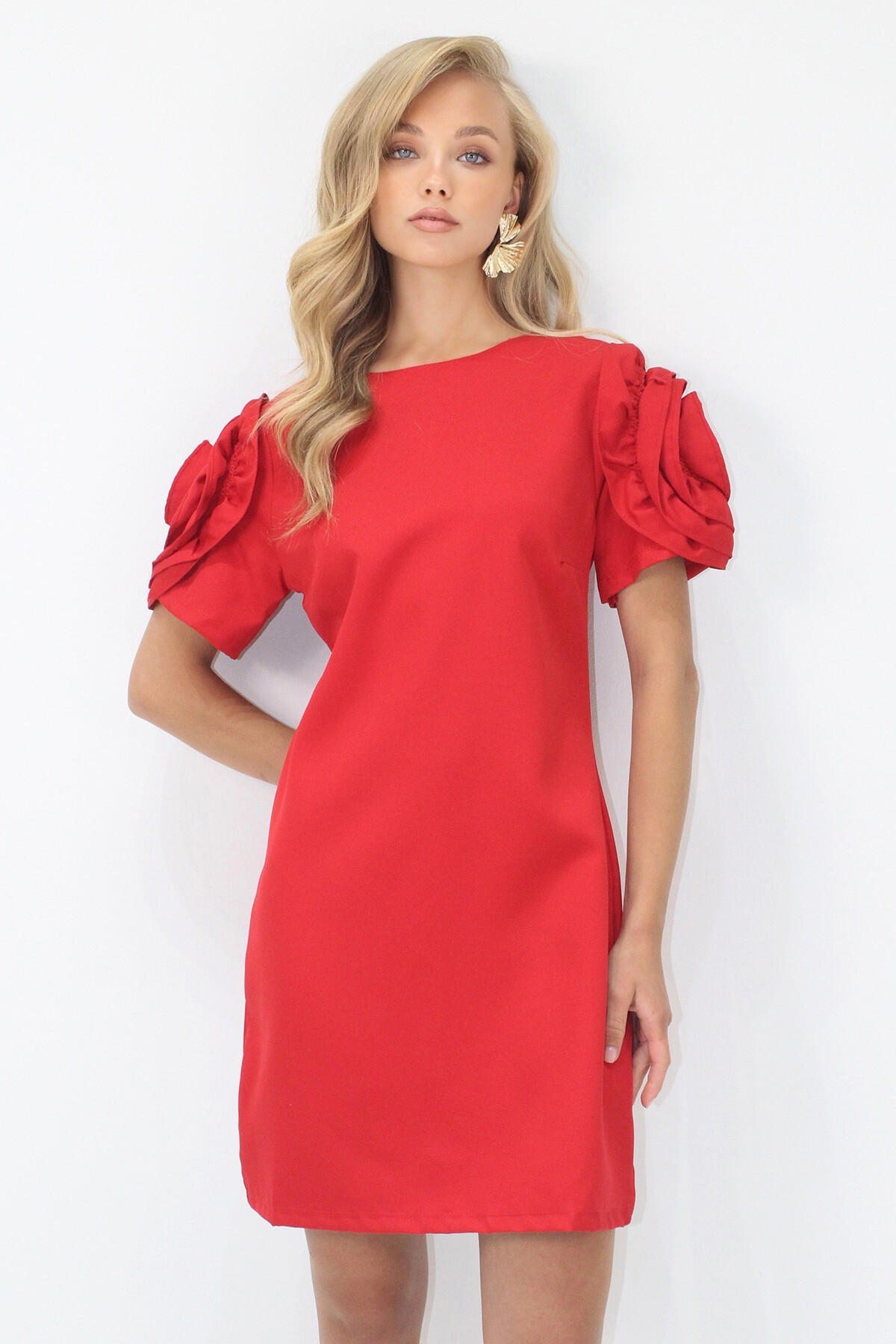 Kırmızı Bisiklet Yaka Kolları Fırfır Detaylı Gizli Fermuarlı Mini Elbise