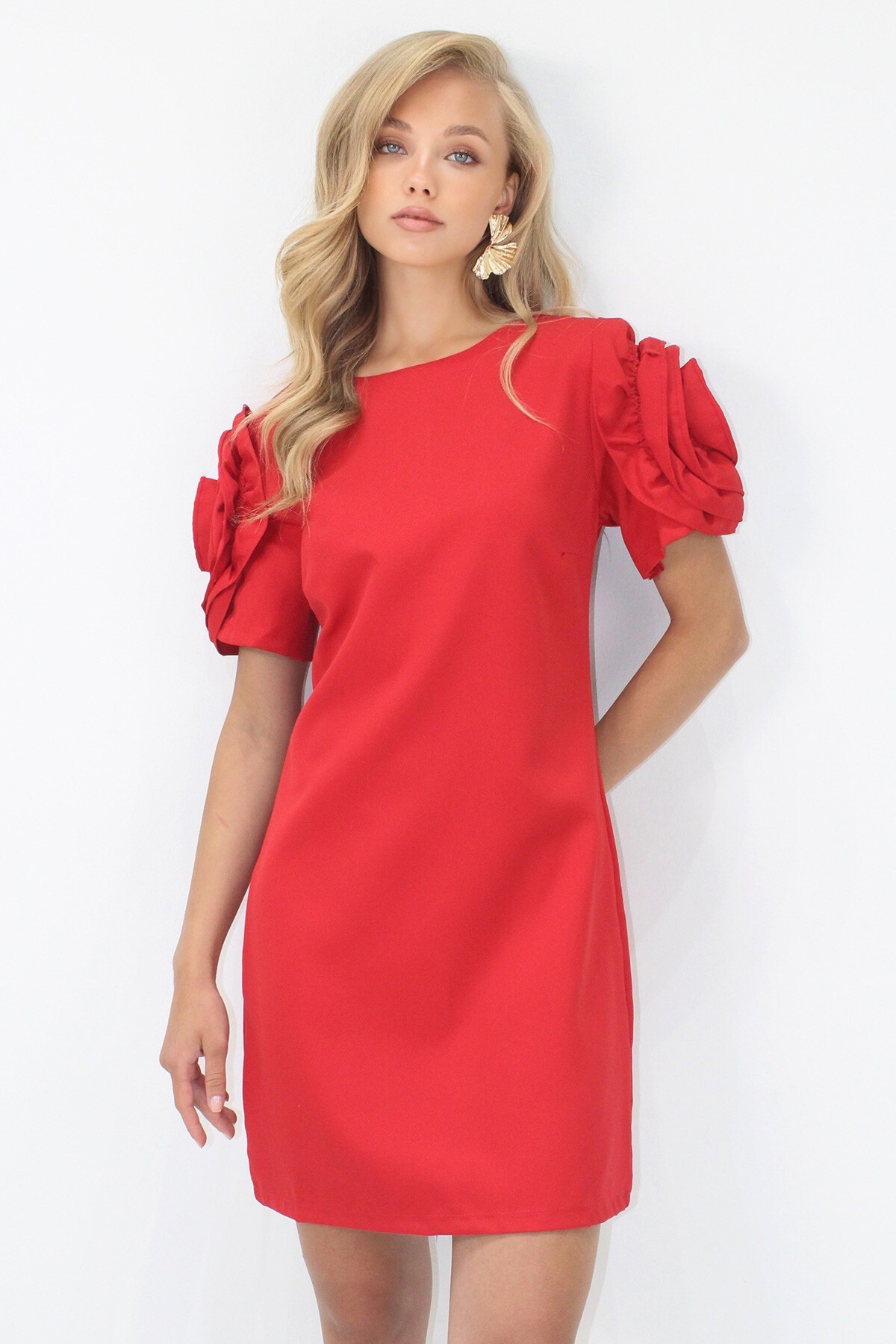 Kırmızı Bisiklet Yaka Kolları Fırfır Detaylı Gizli Fermuarlı Mini Elbise
