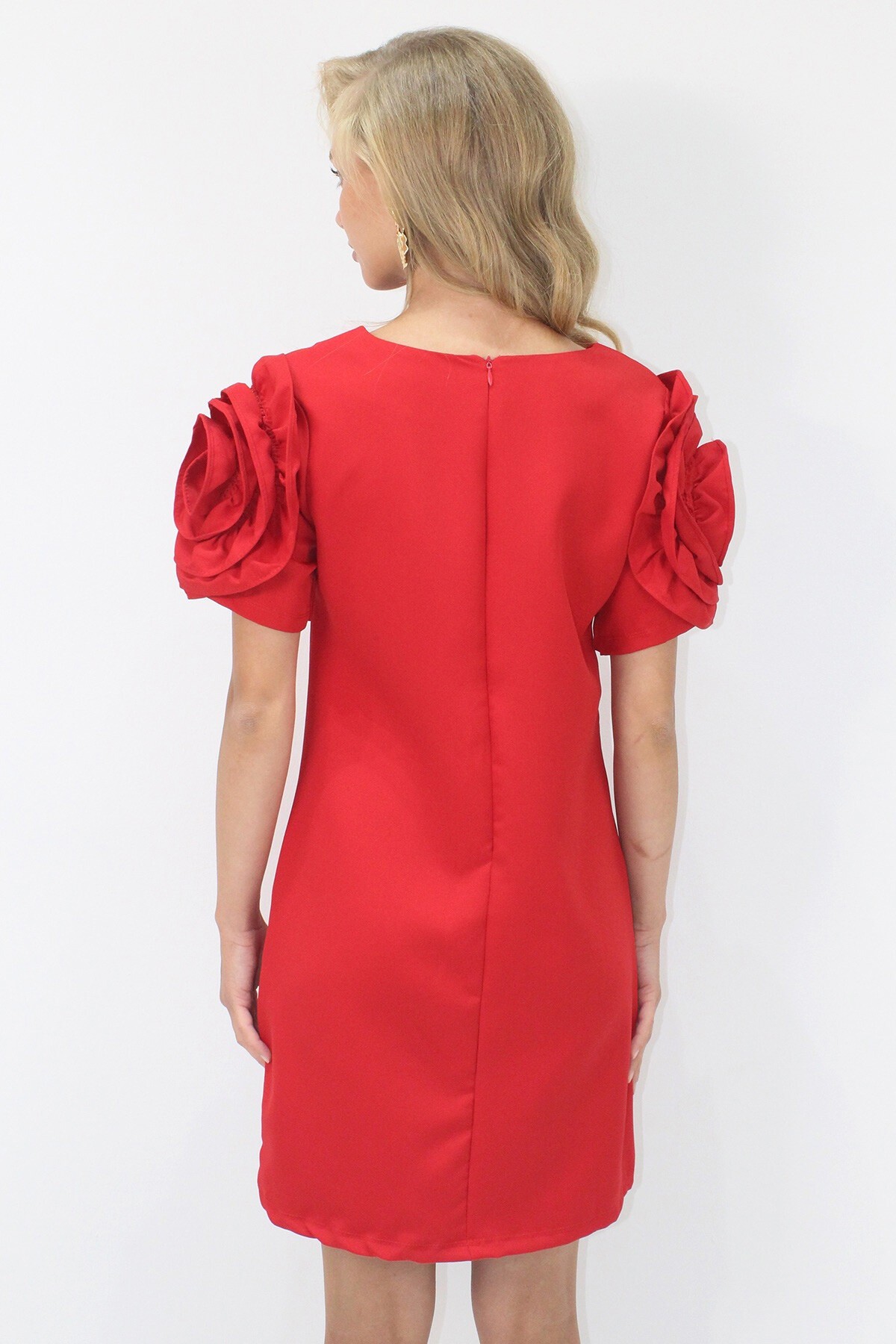 Kırmızı Bisiklet Yaka Kolları Fırfır Detaylı Gizli Fermuarlı Mini Elbise