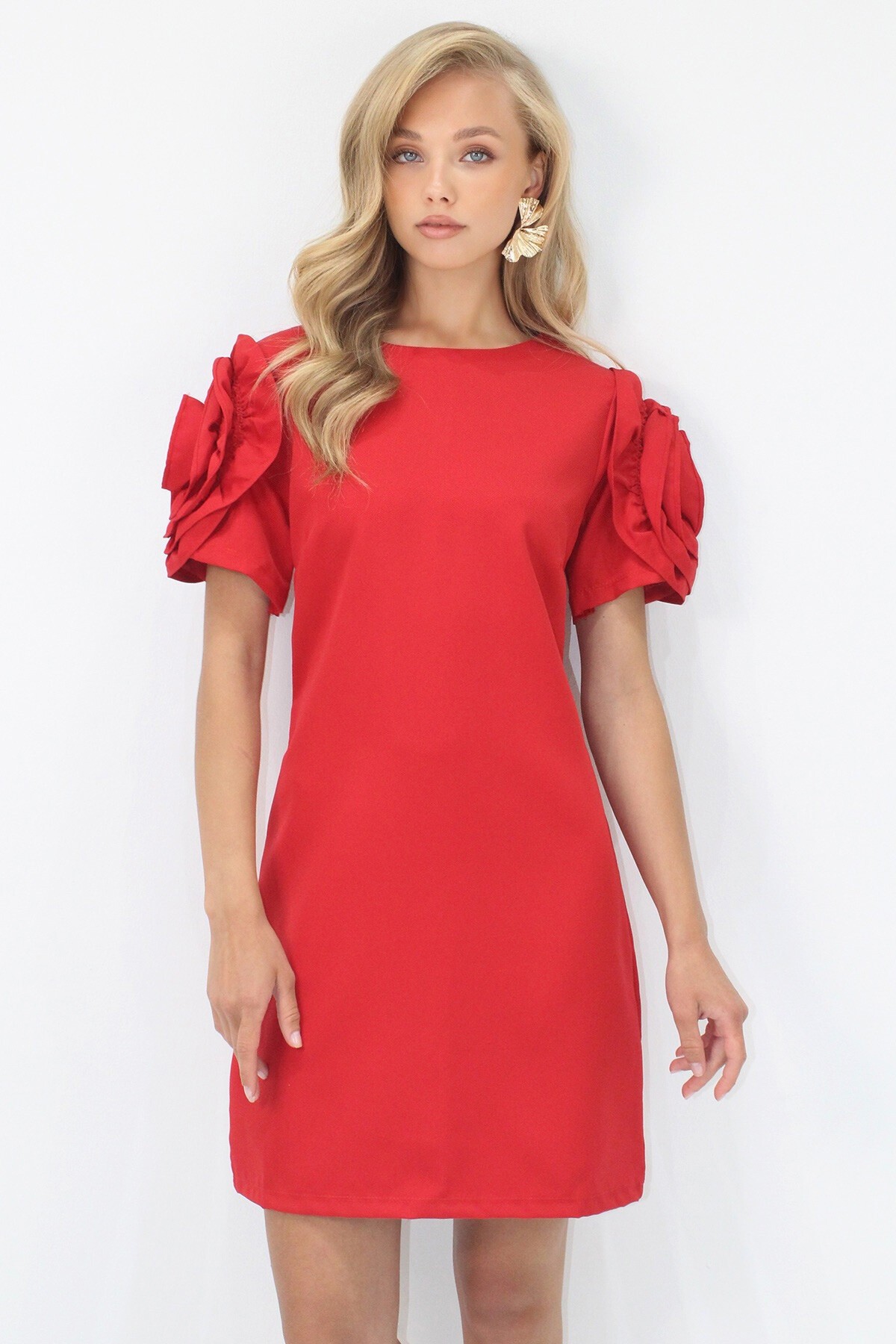 Kırmızı Bisiklet Yaka Kolları Fırfır Detaylı Gizli Fermuarlı Mini Elbise