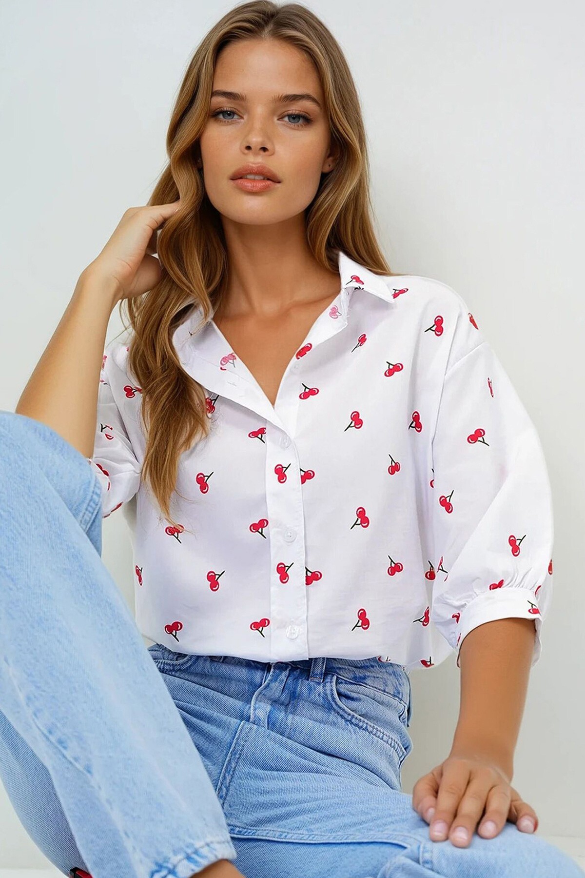 Kırmızı Desenli Desenli Balon Kol Poplin Gömlek