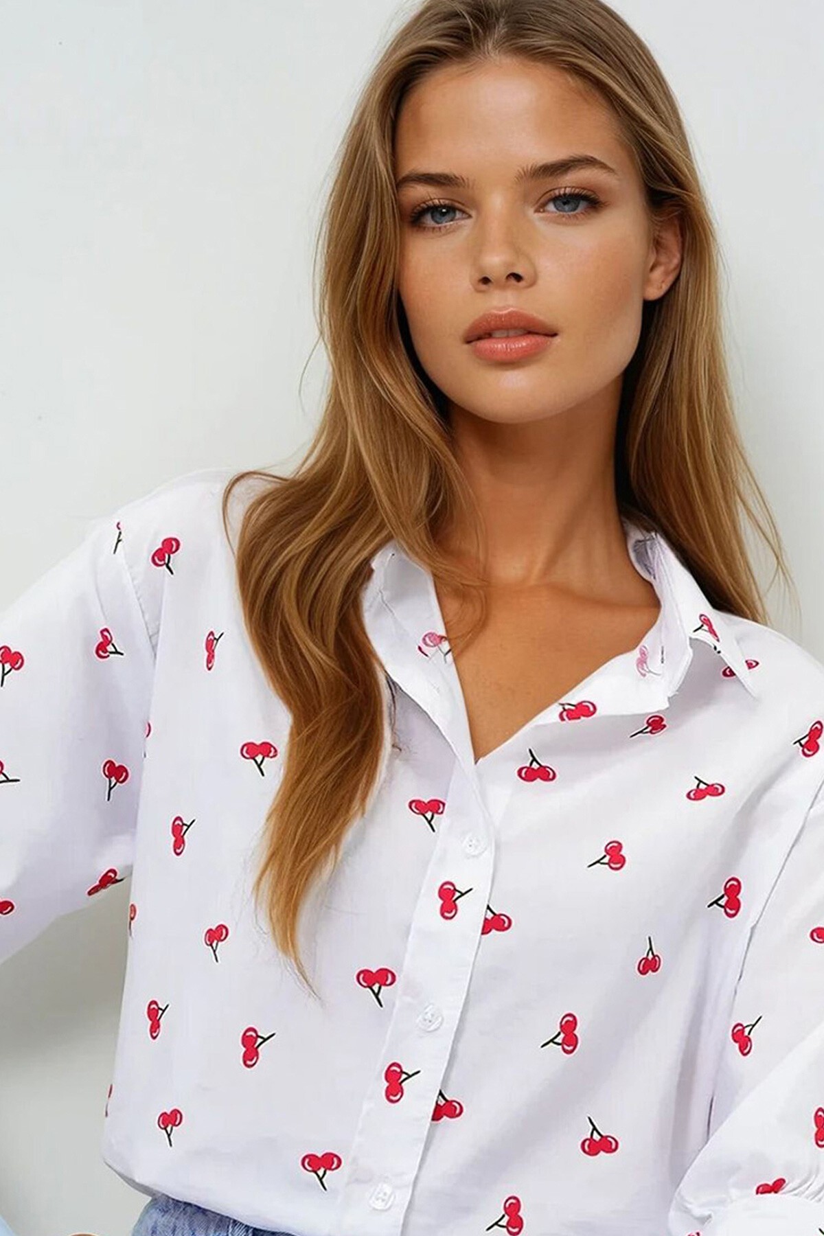 Kırmızı Desenli Desenli Balon Kol Poplin Gömlek