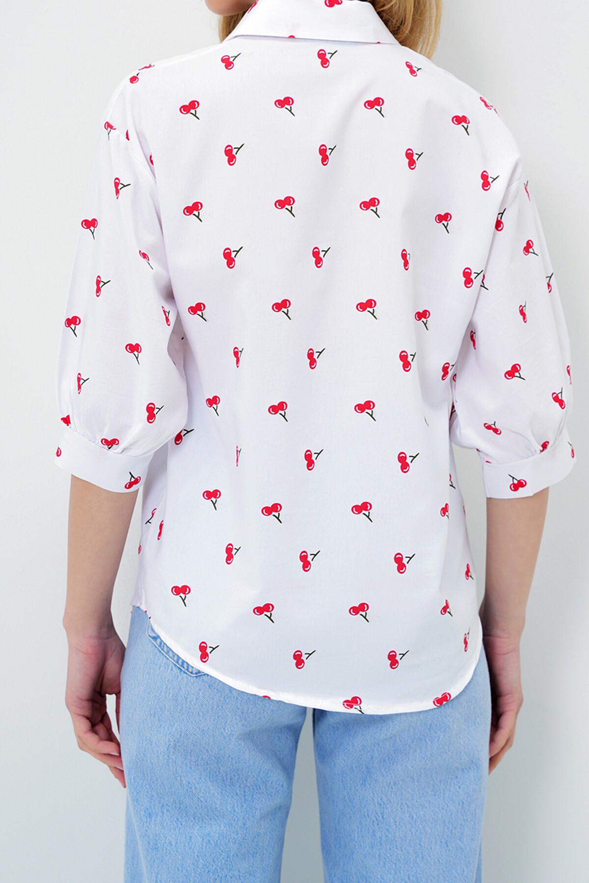 Kırmızı Desenli Desenli Balon Kol Poplin Gömlek