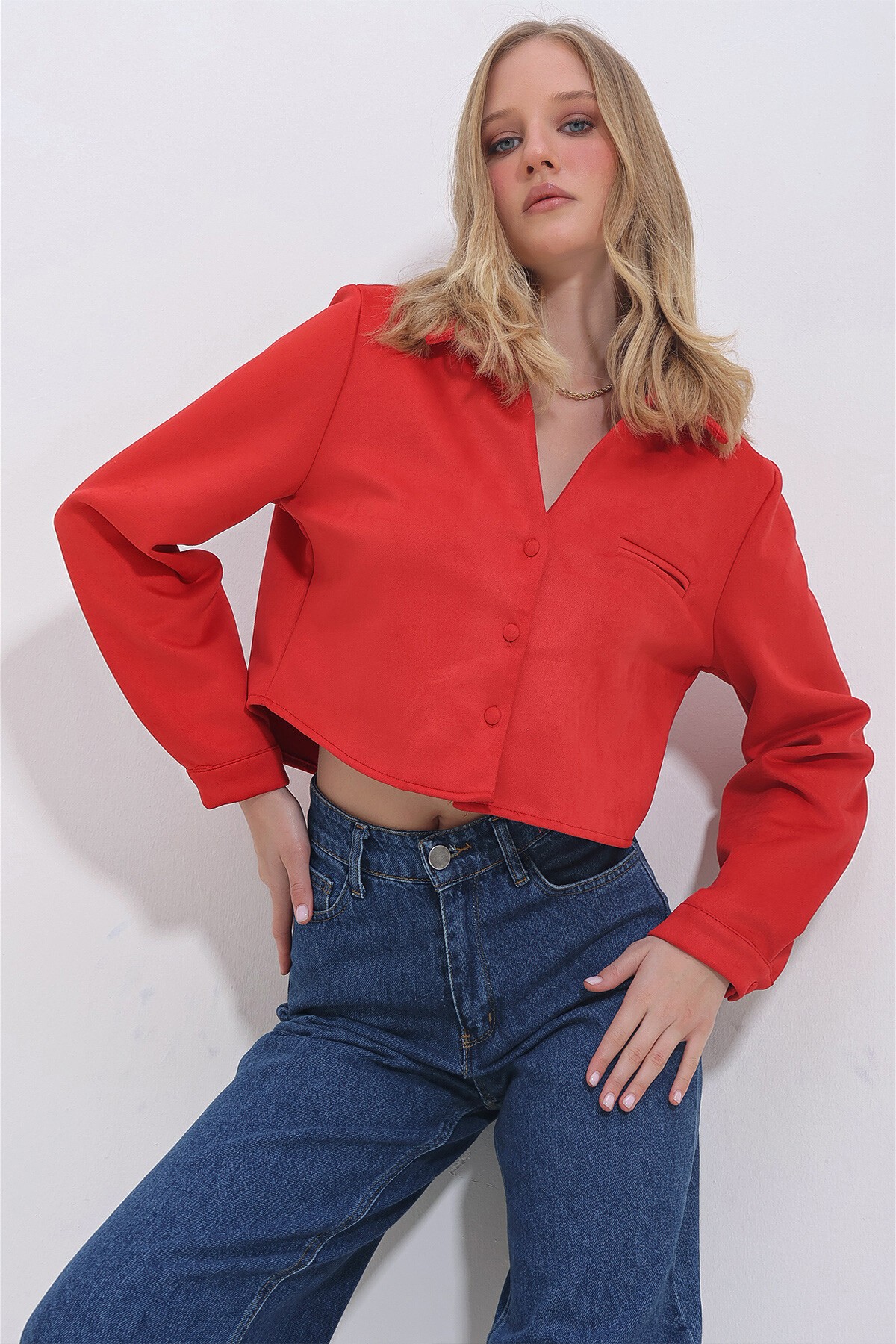 Kırmızı Flato Cepli Düğmeli Crop Nubuk Ceket