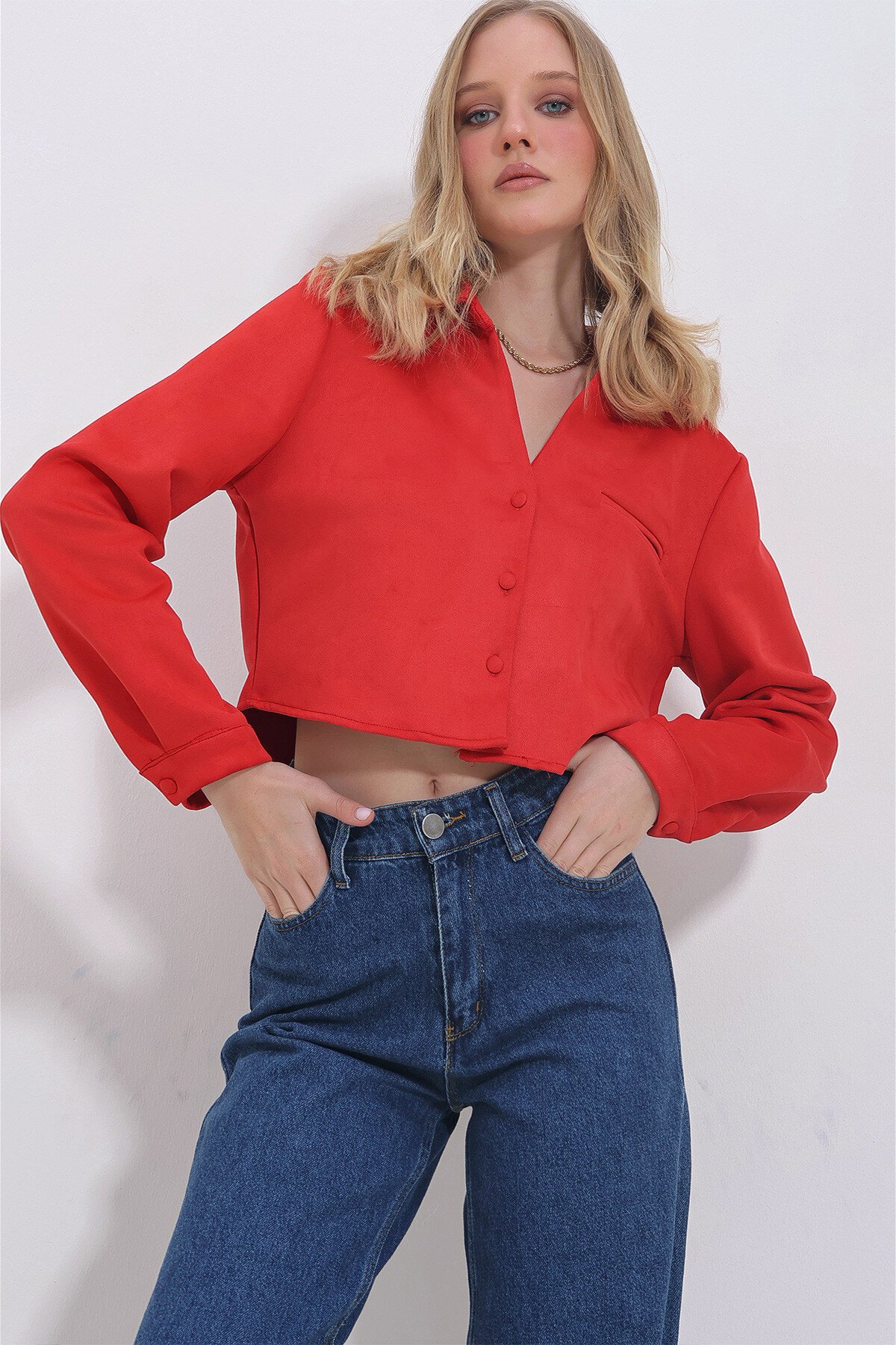 Kırmızı Flato Cepli Düğmeli Crop Nubuk Ceket