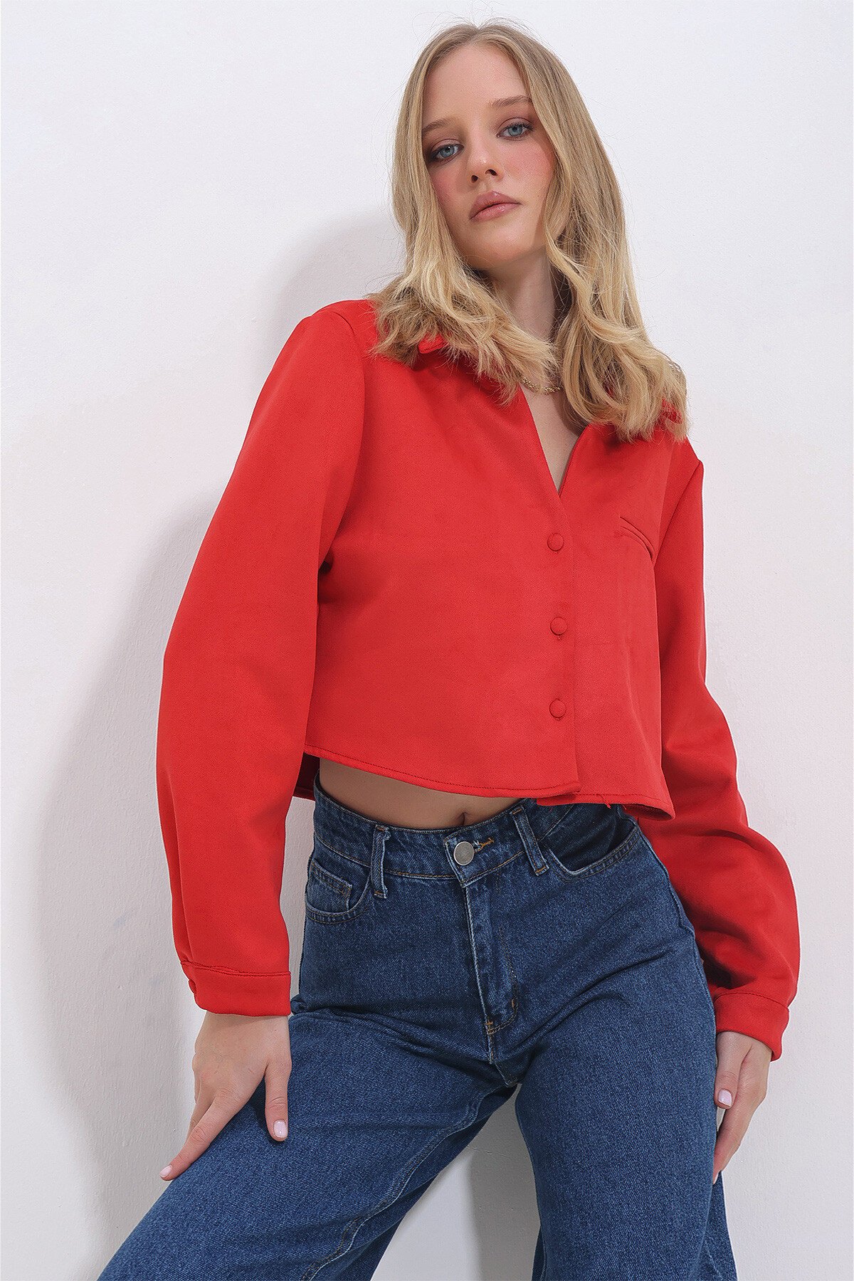 Kırmızı Flato Cepli Düğmeli Crop Nubuk Ceket