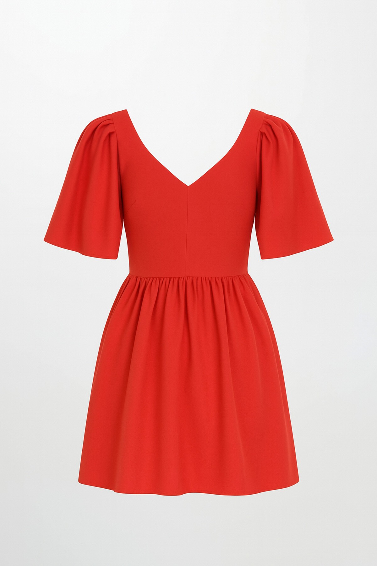 Kırmızı Önü Ve Arkası V Yaka Kolu Pileli Elbise