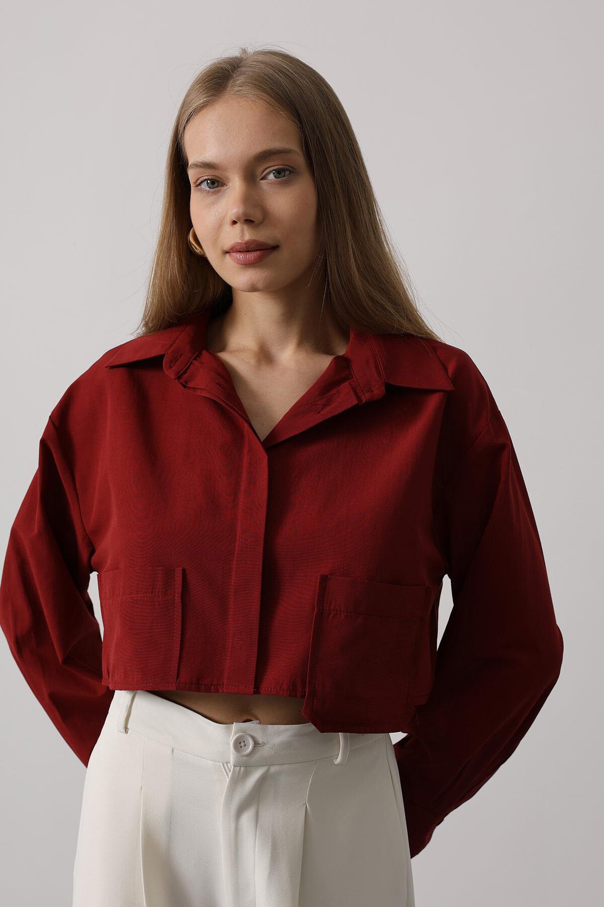 Bordo Çift Cepli Crop Gömlek