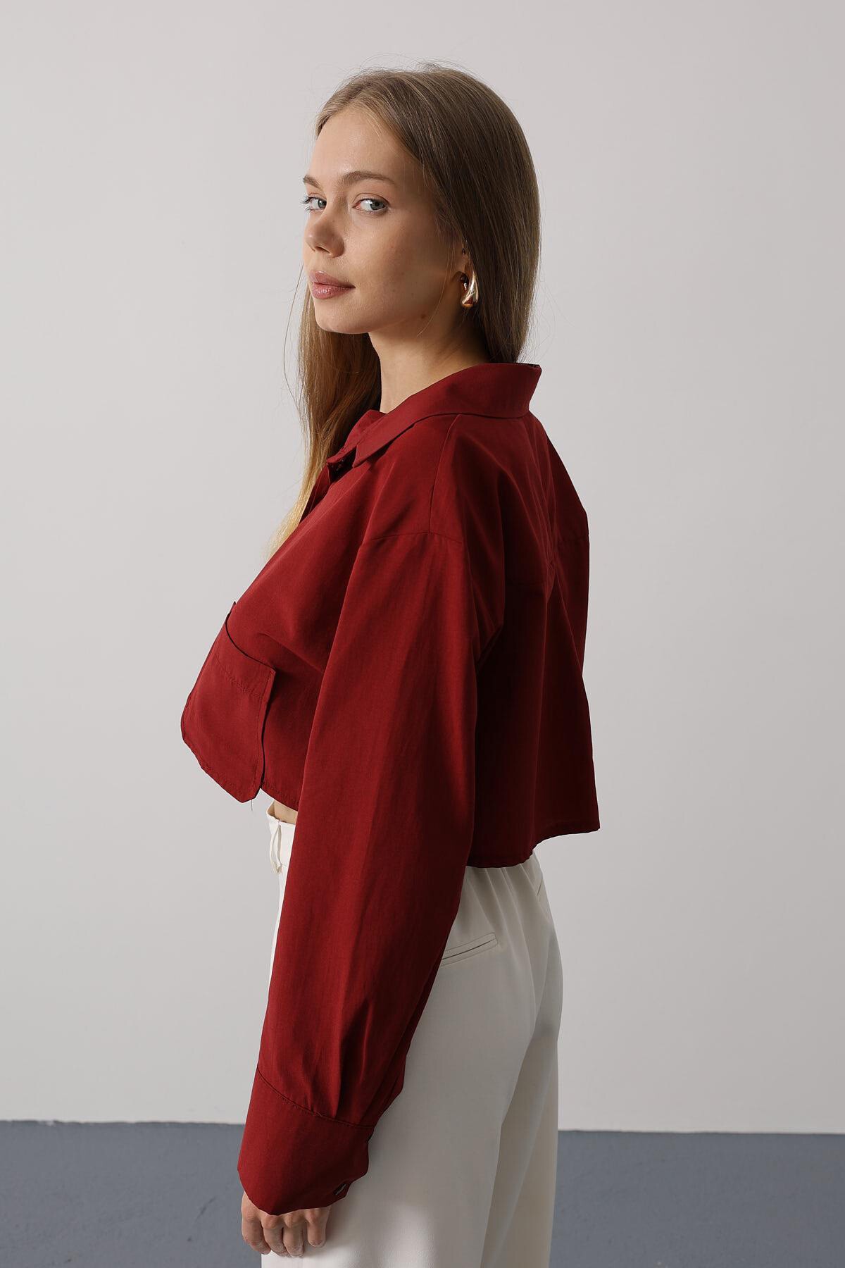 Bordo Çift Cepli Crop Gömlek