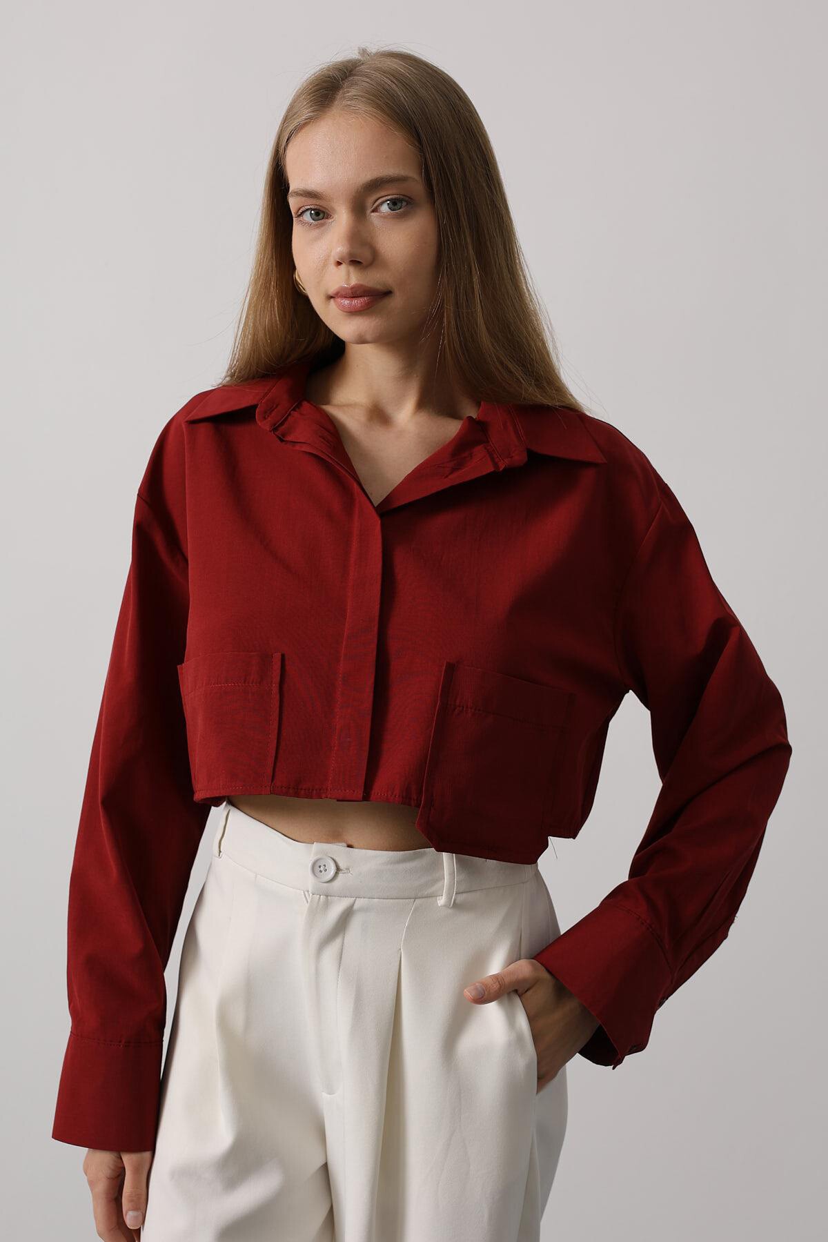 Bordo Çift Cepli Crop Gömlek