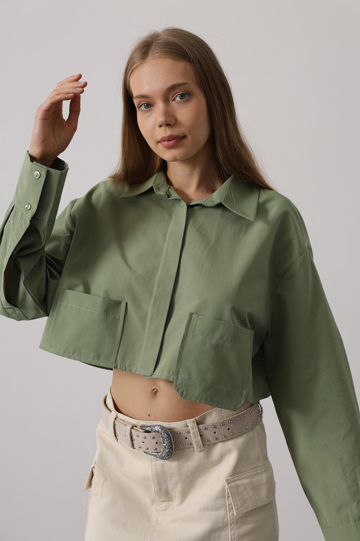 Haki Çift Cepli Crop Gömlek
