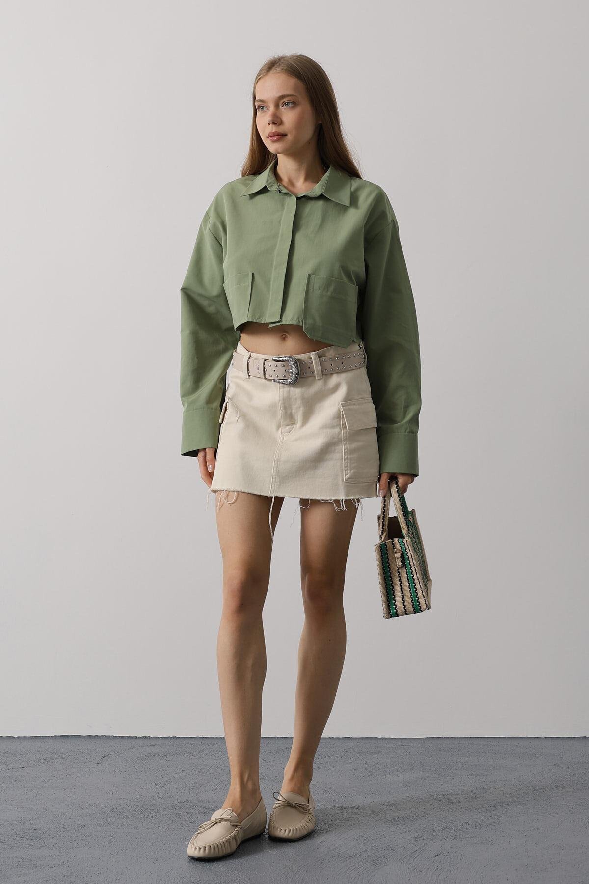Haki Çift Cepli Crop Gömlek