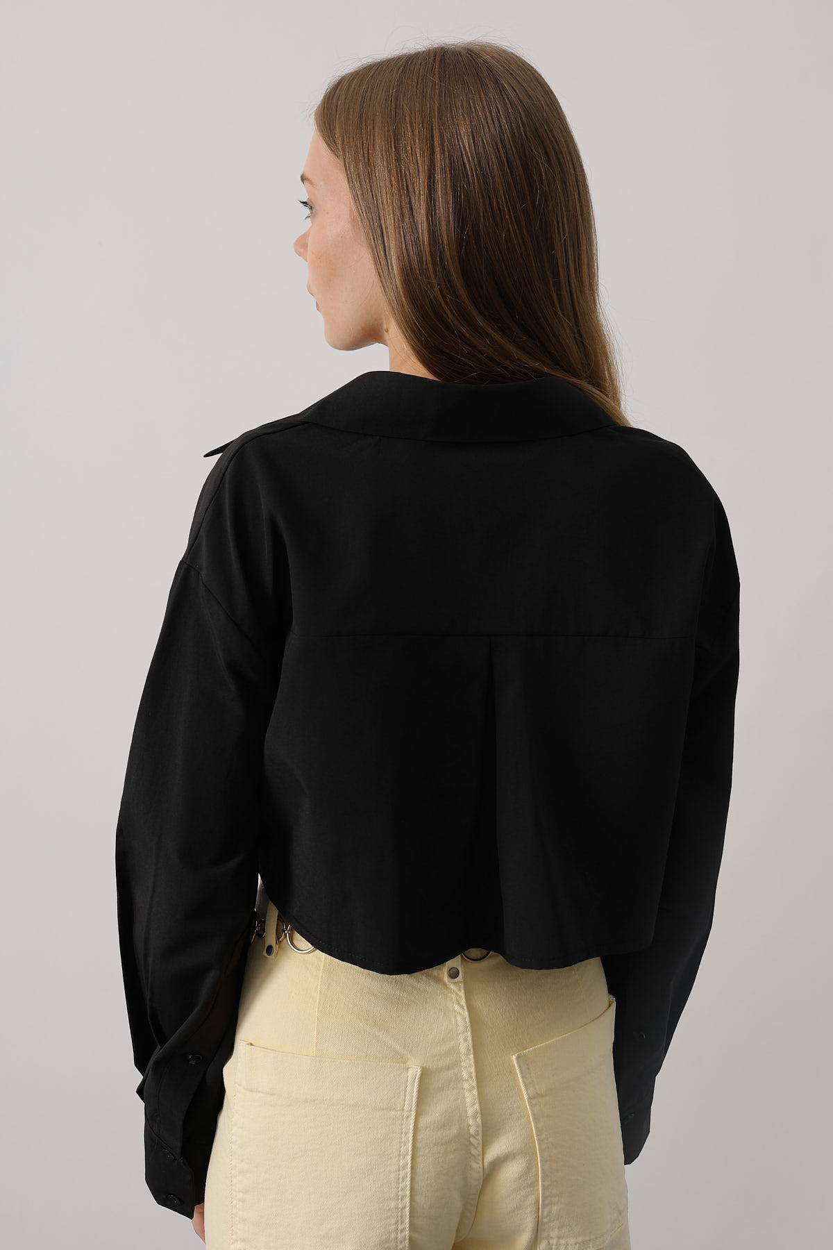Siyah Çift Cepli Crop Gömlek
