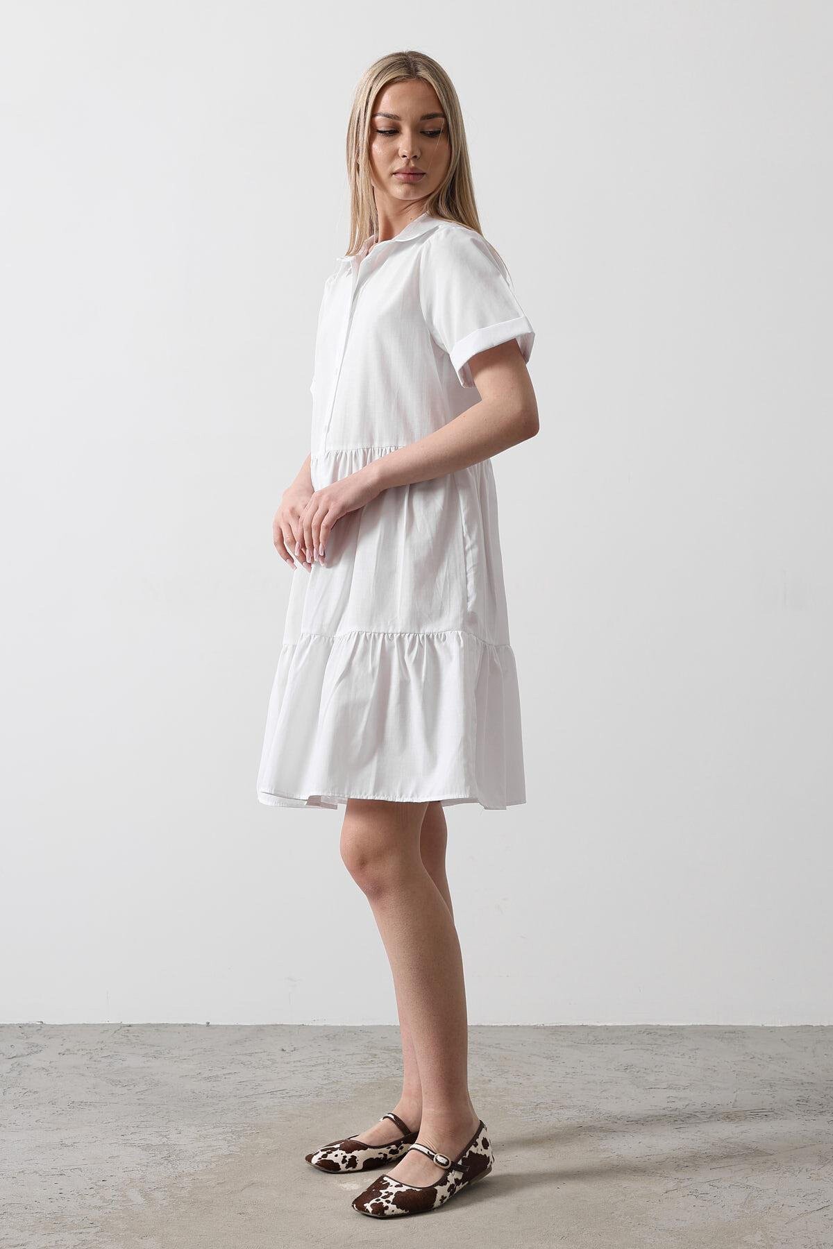 Beyaz Gömlek Yaka Eteği Pileli Mini Boy Elbise