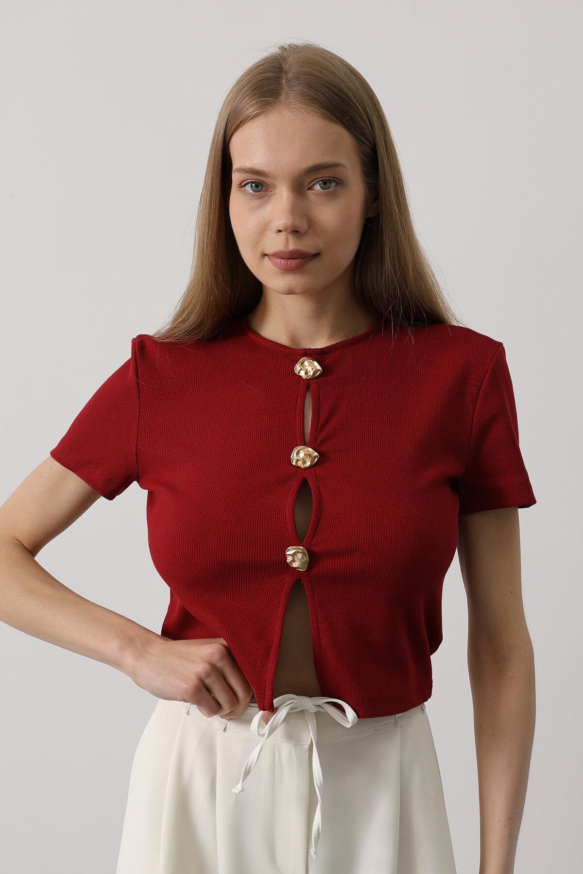 Bordo Bisiklet Yaka Düğme Aksesuarlı Bluz