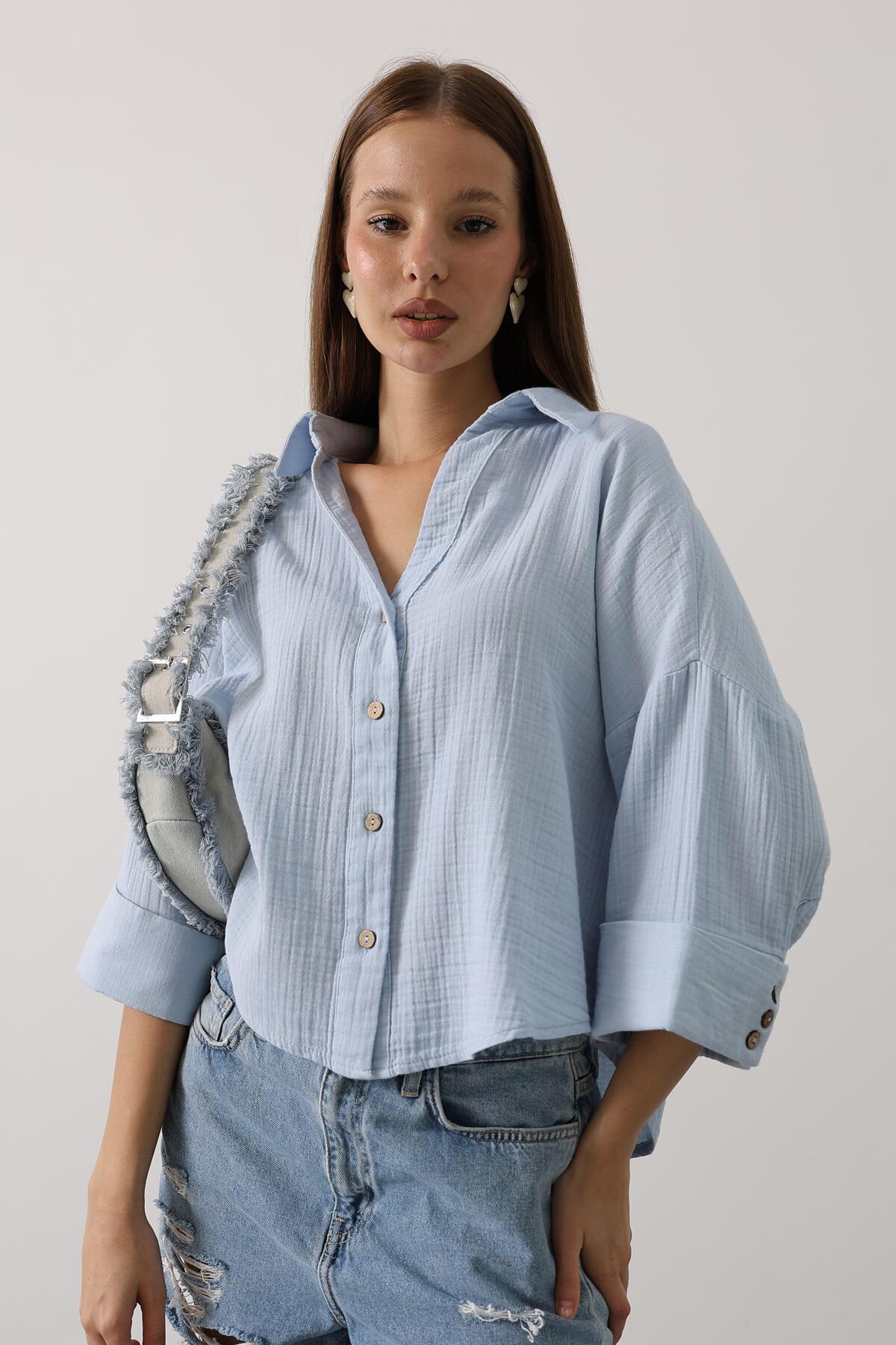 Bebe Mavisi Kolları Duble Müslin Gömlek