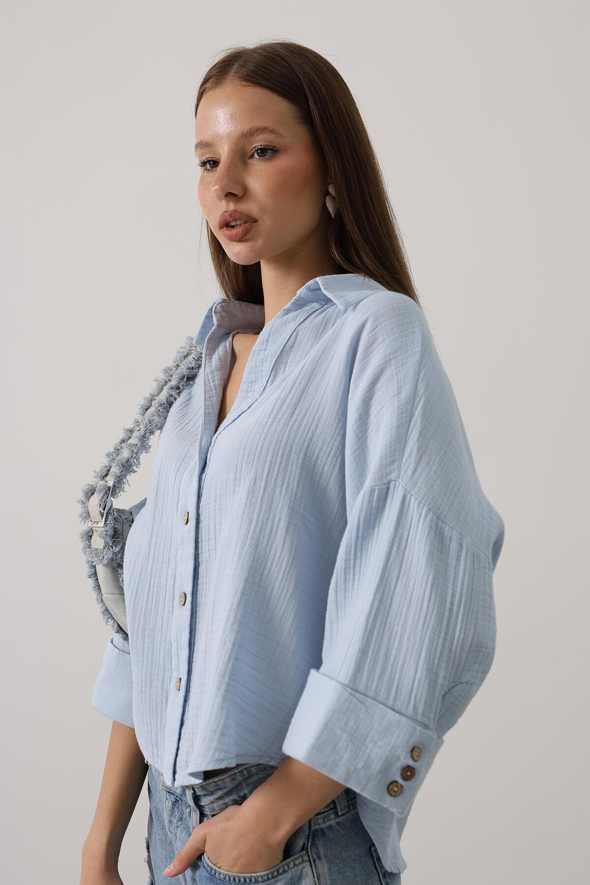 Bebe Mavisi Kolları Duble Müslin Gömlek