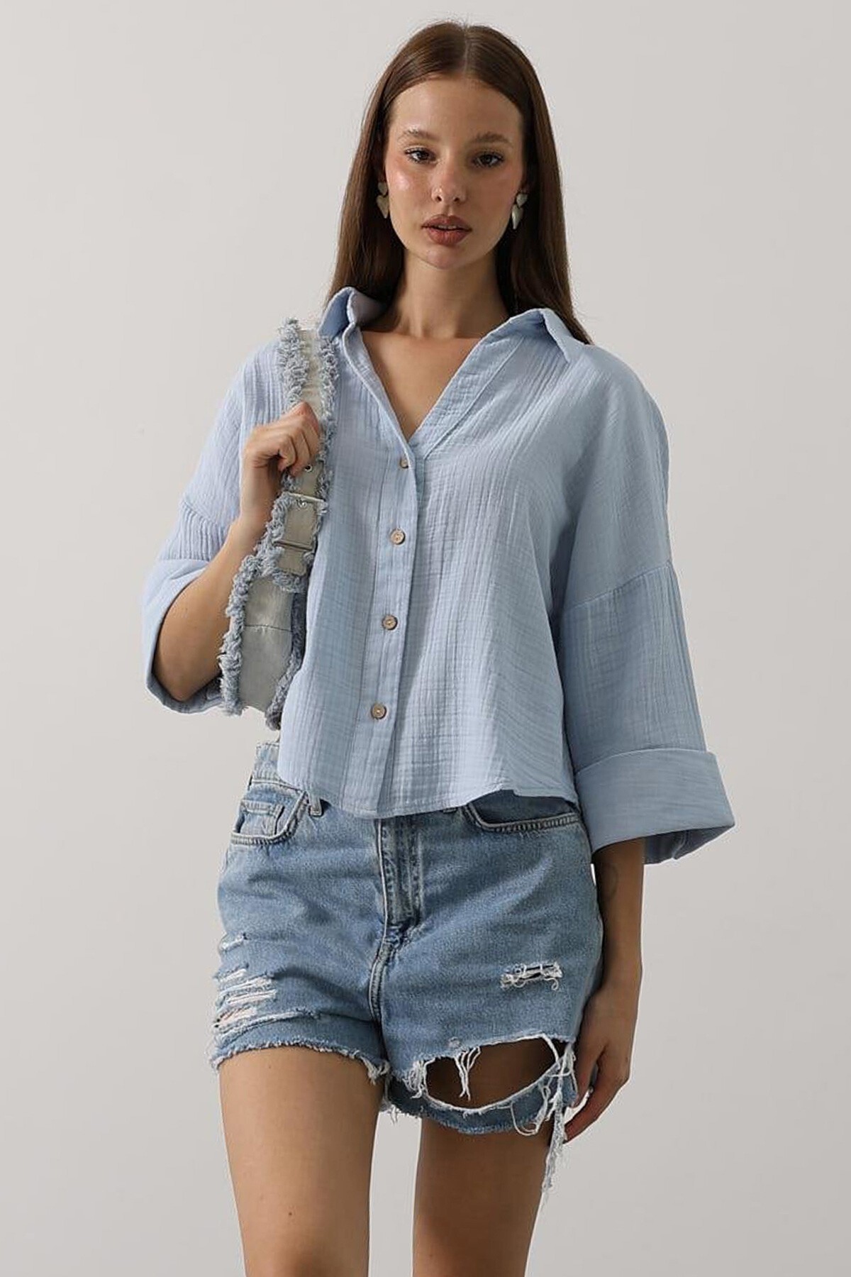 Bebe Mavisi Kolları Duble Müslin Gömlek