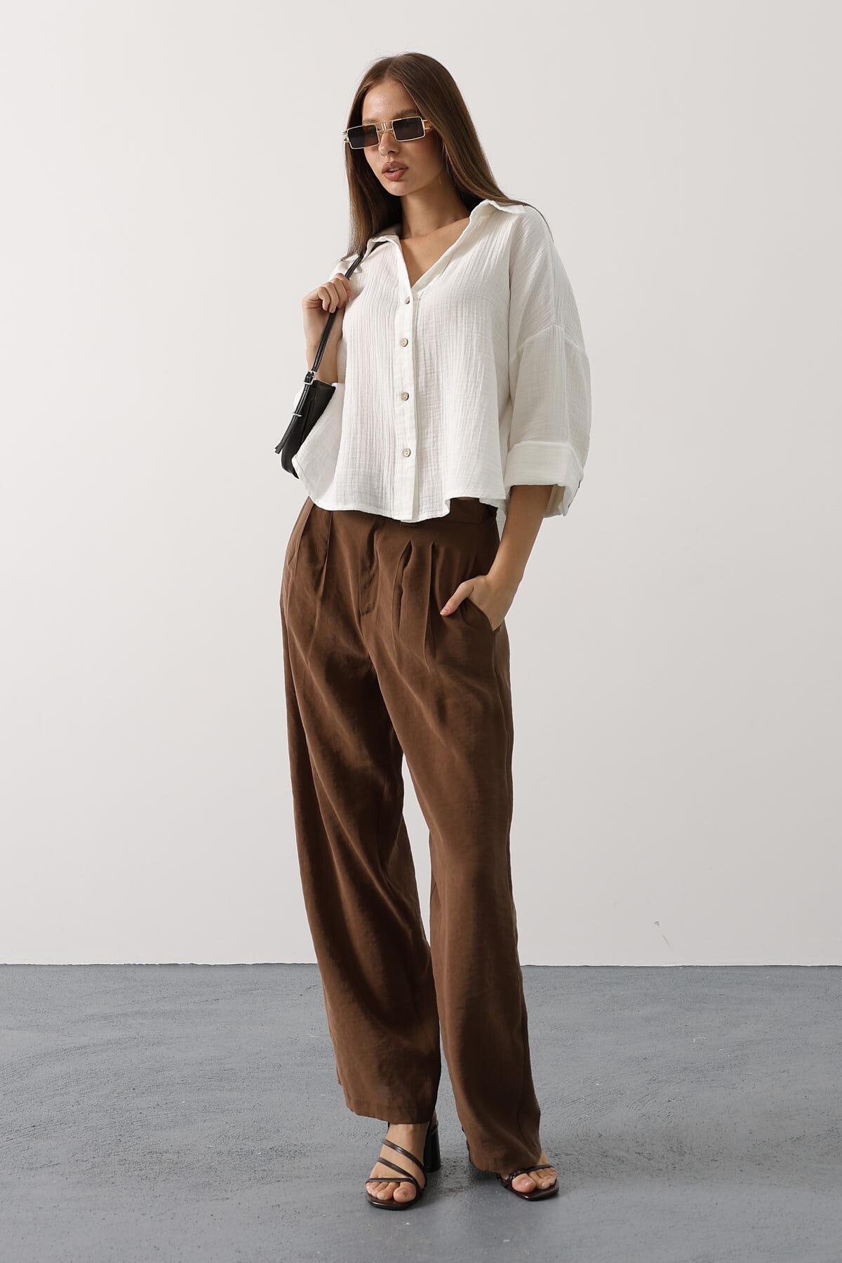 Ekru Kolları Duble Müslin Gömlek