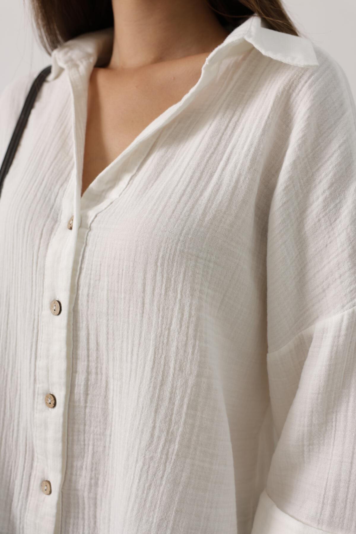 Ekru Kolları Duble Müslin Gömlek
