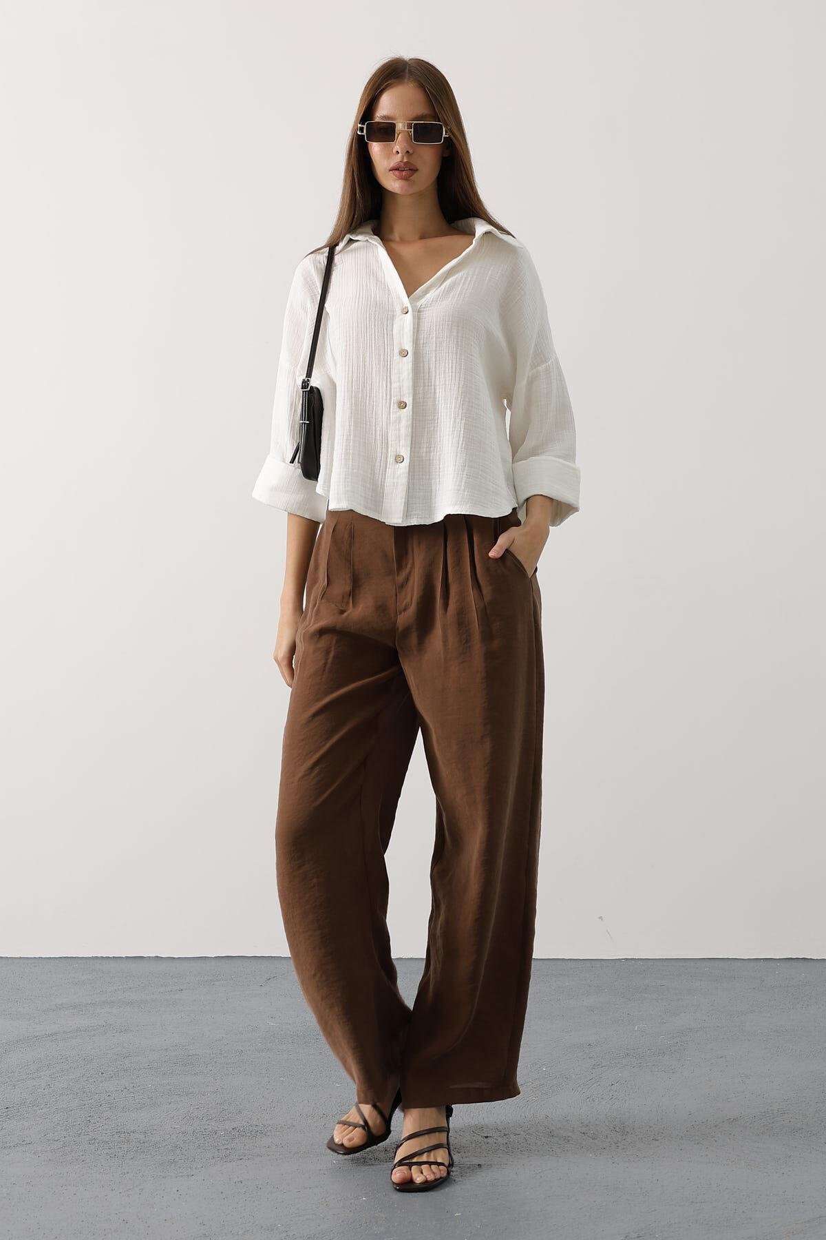 Ekru Kolları Duble Müslin Gömlek