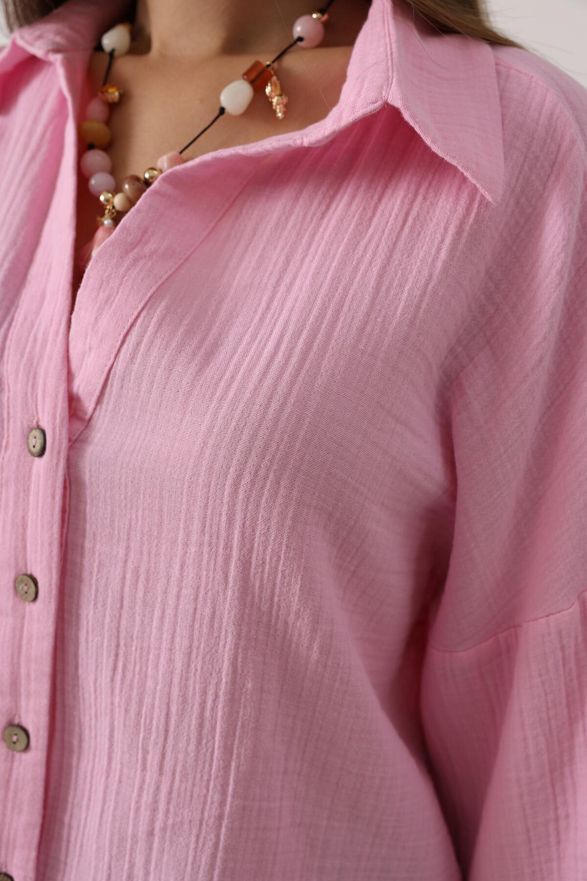 Pembe Kolları Duble Müslin Gömlek