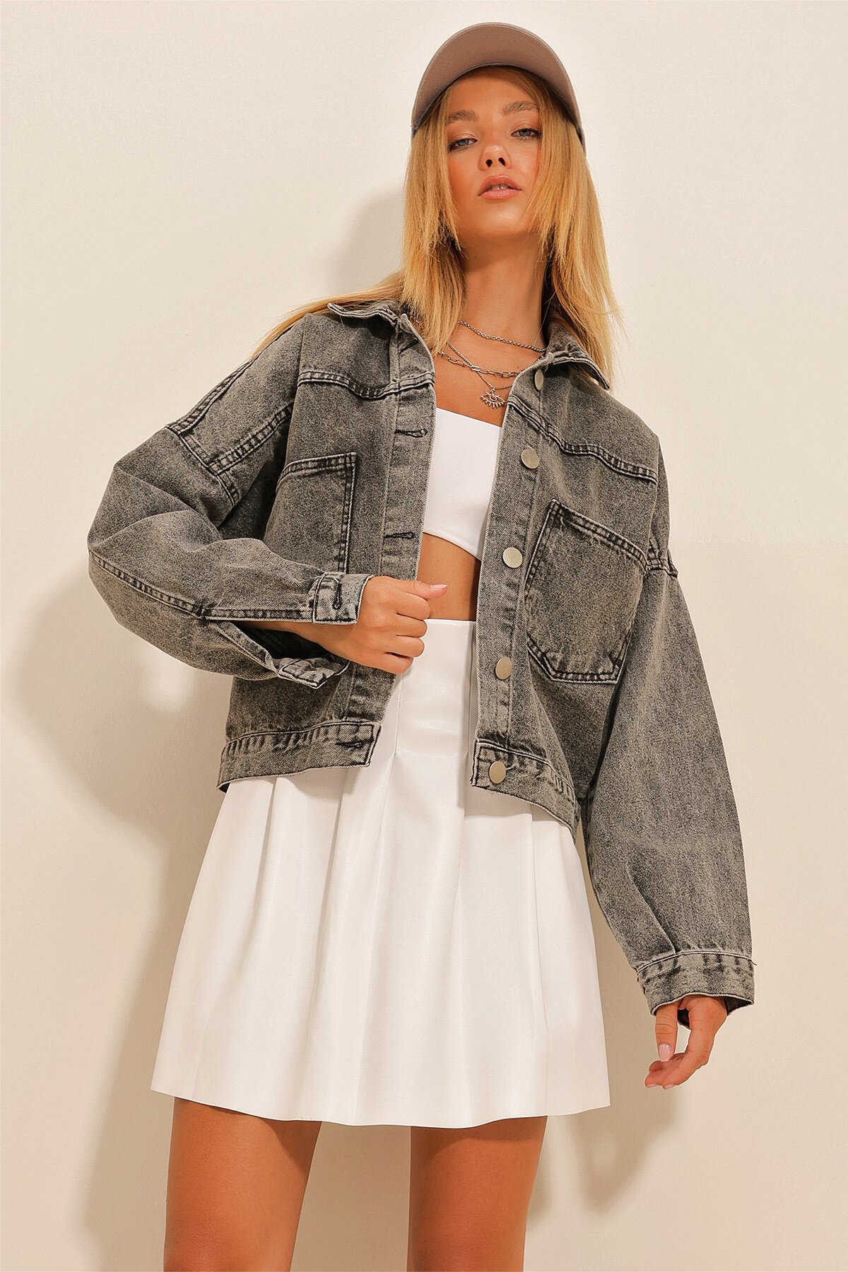 Koyu Gri Crop Denım Ceket