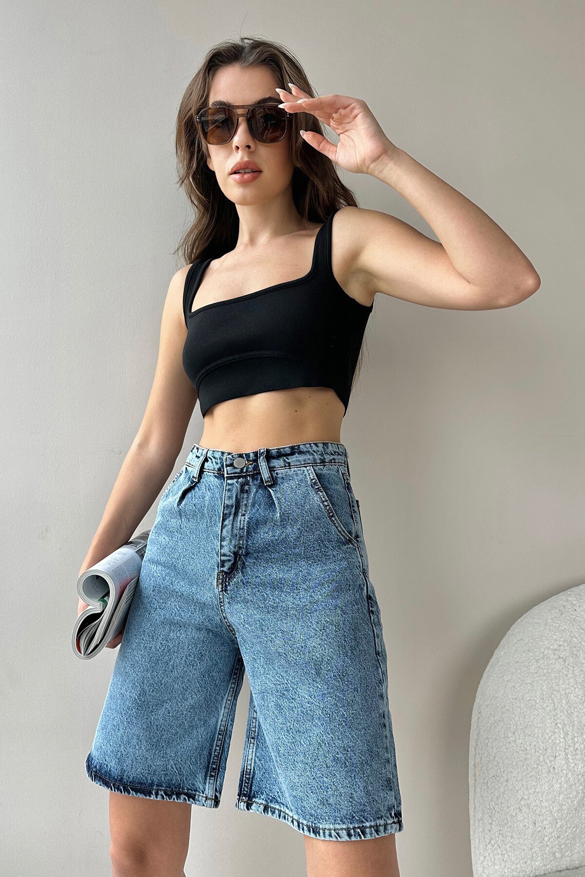 Koyu Mavi Yüksek Bel Wide Leg Bermuda Denim Şort