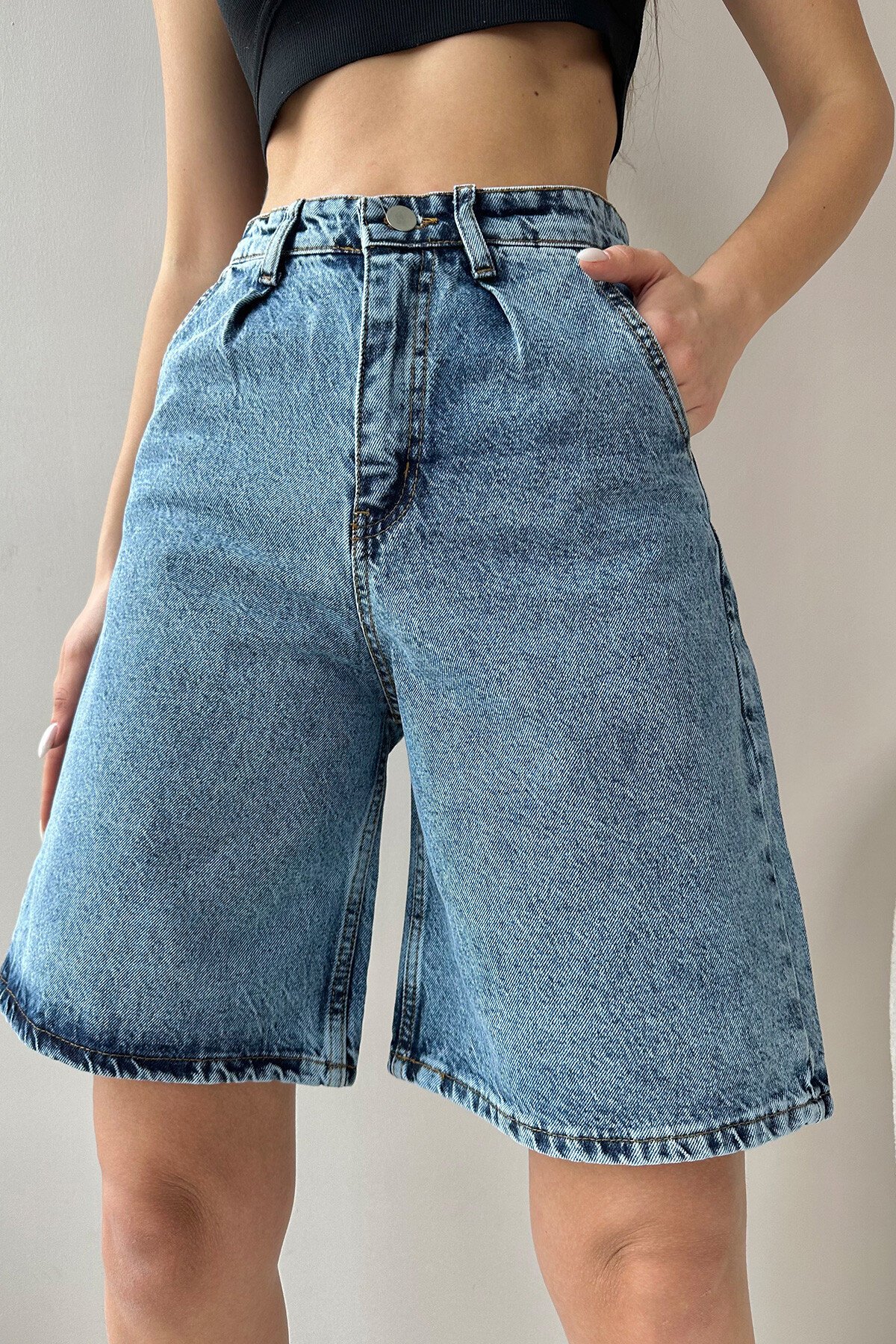 Koyu Mavi Yüksek Bel Wide Leg Bermuda Denim Şort