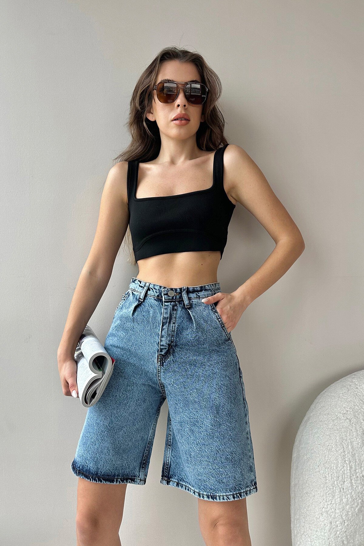 Koyu Mavi Yüksek Bel Wide Leg Bermuda Denim Şort