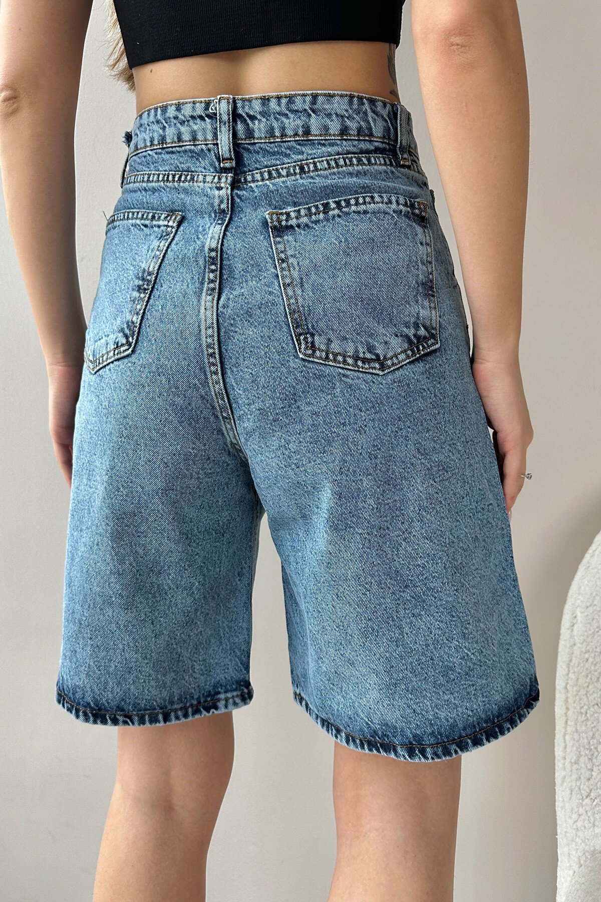 Koyu Mavi Yüksek Bel Wide Leg Bermuda Denim Şort