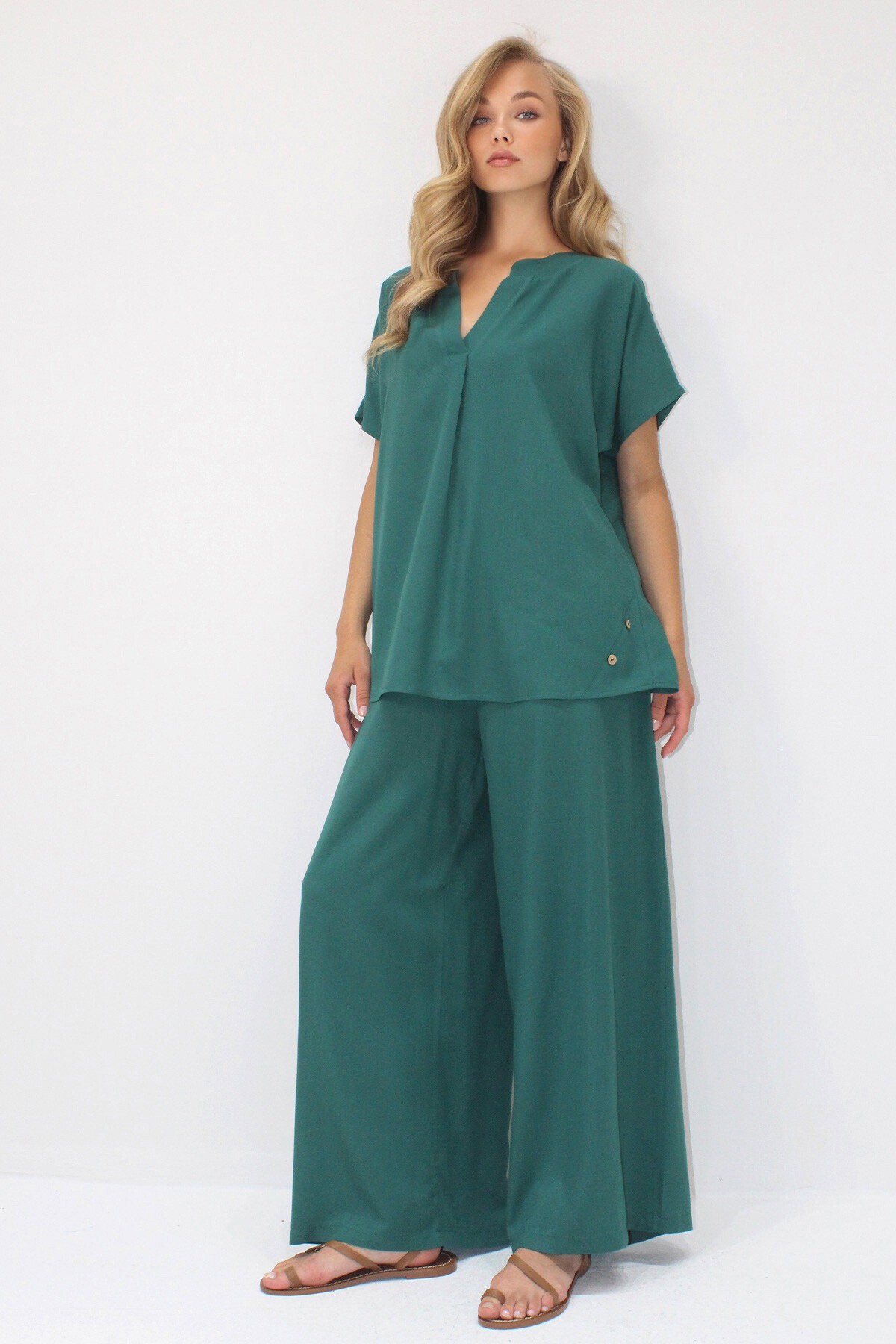 Koyu Yeşil Düğme Detaylı Rahat Kesim Viskon Dokuma İkili Takım