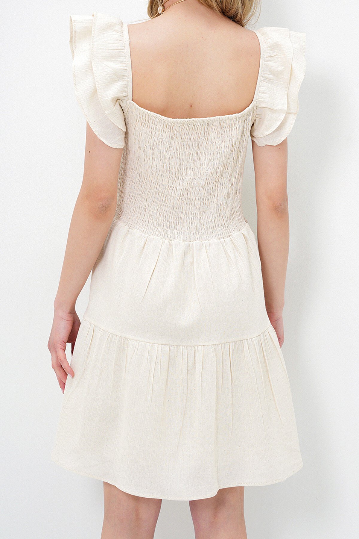 Krem Fırfır Detaylı Robası Dantel Eteği Volanlı Astarlı  Keten Mini Elbise