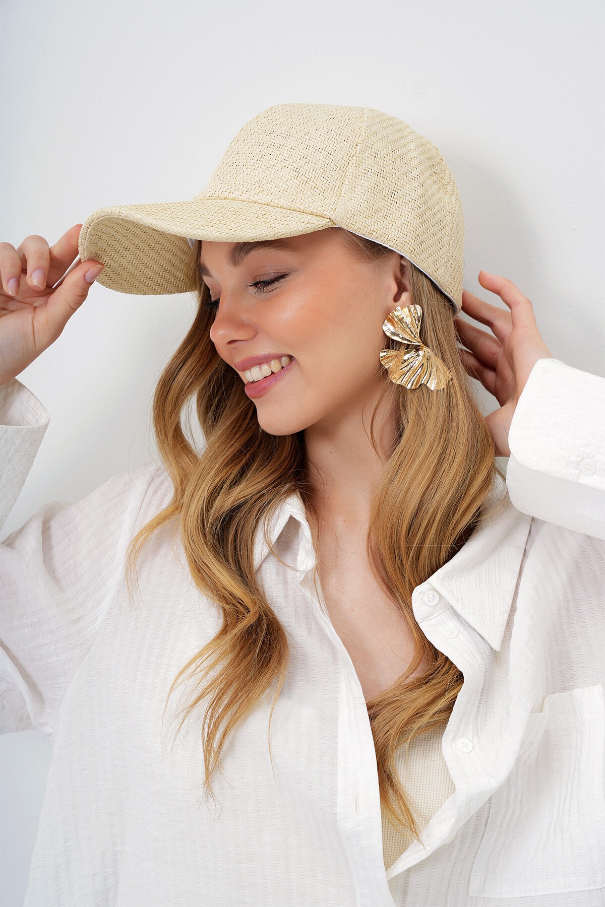 Krem Hasır Siperli Şapka