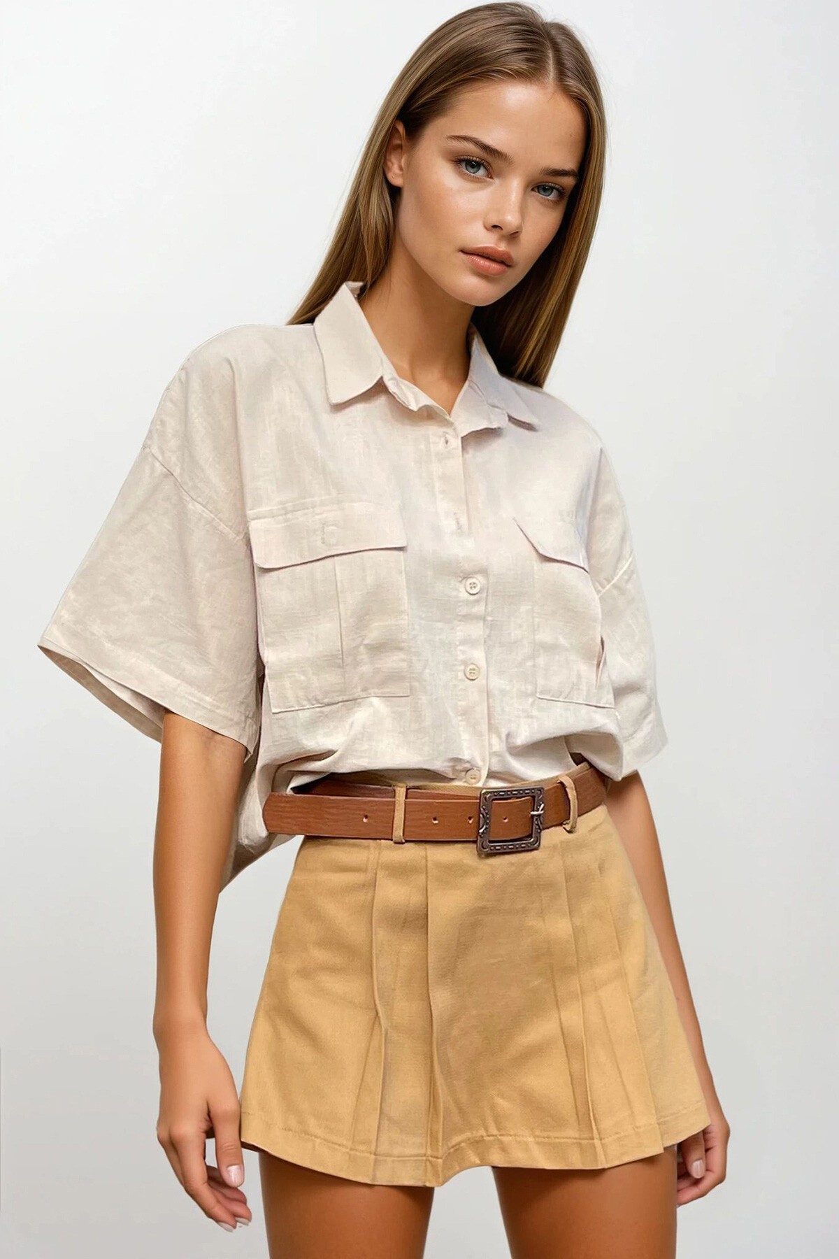 Kum Beji Çift Cepli Yarım Kol Keten Gömlek